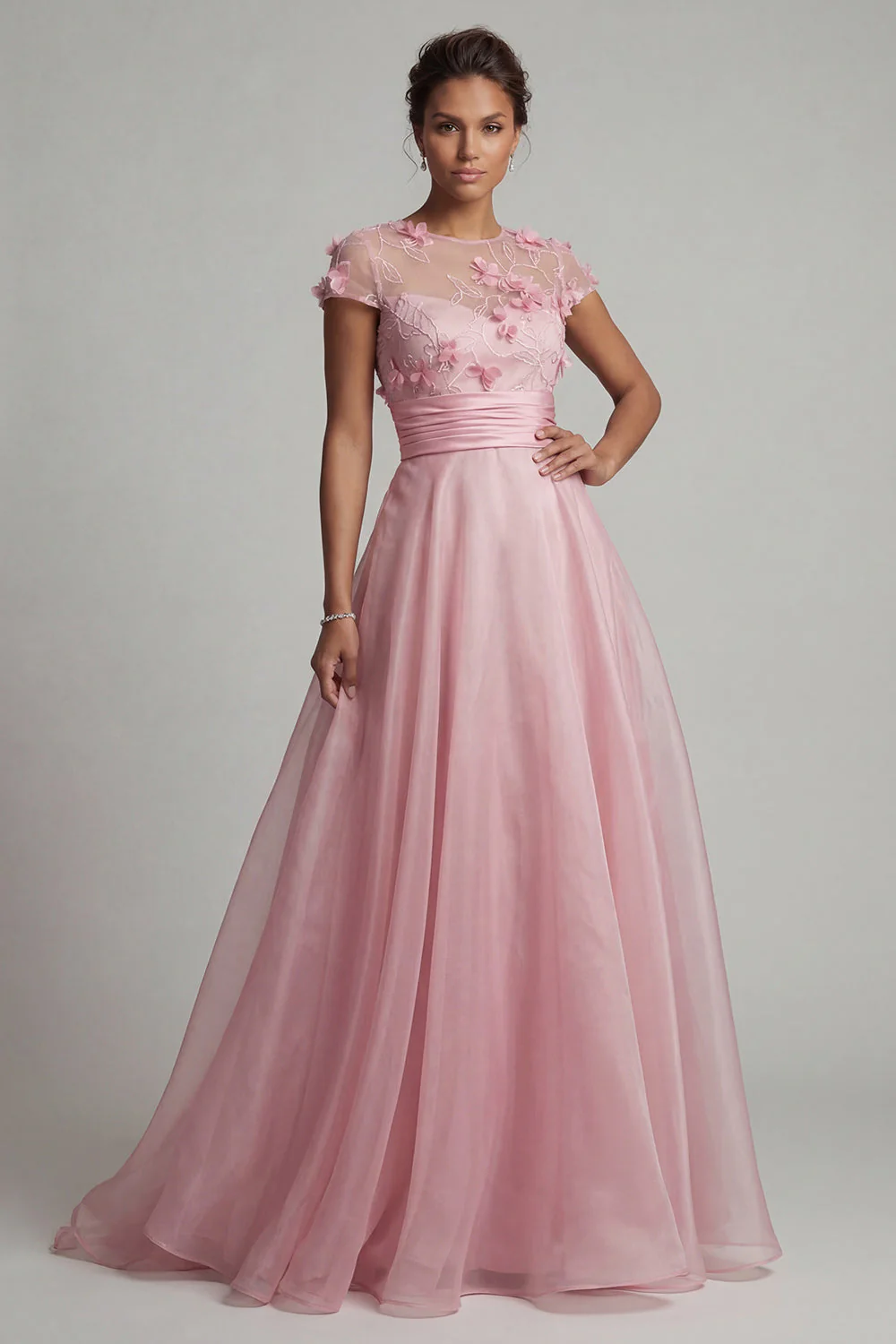 Pink Round Neck A Line Mother Of Bride Dress with 3D Flowers