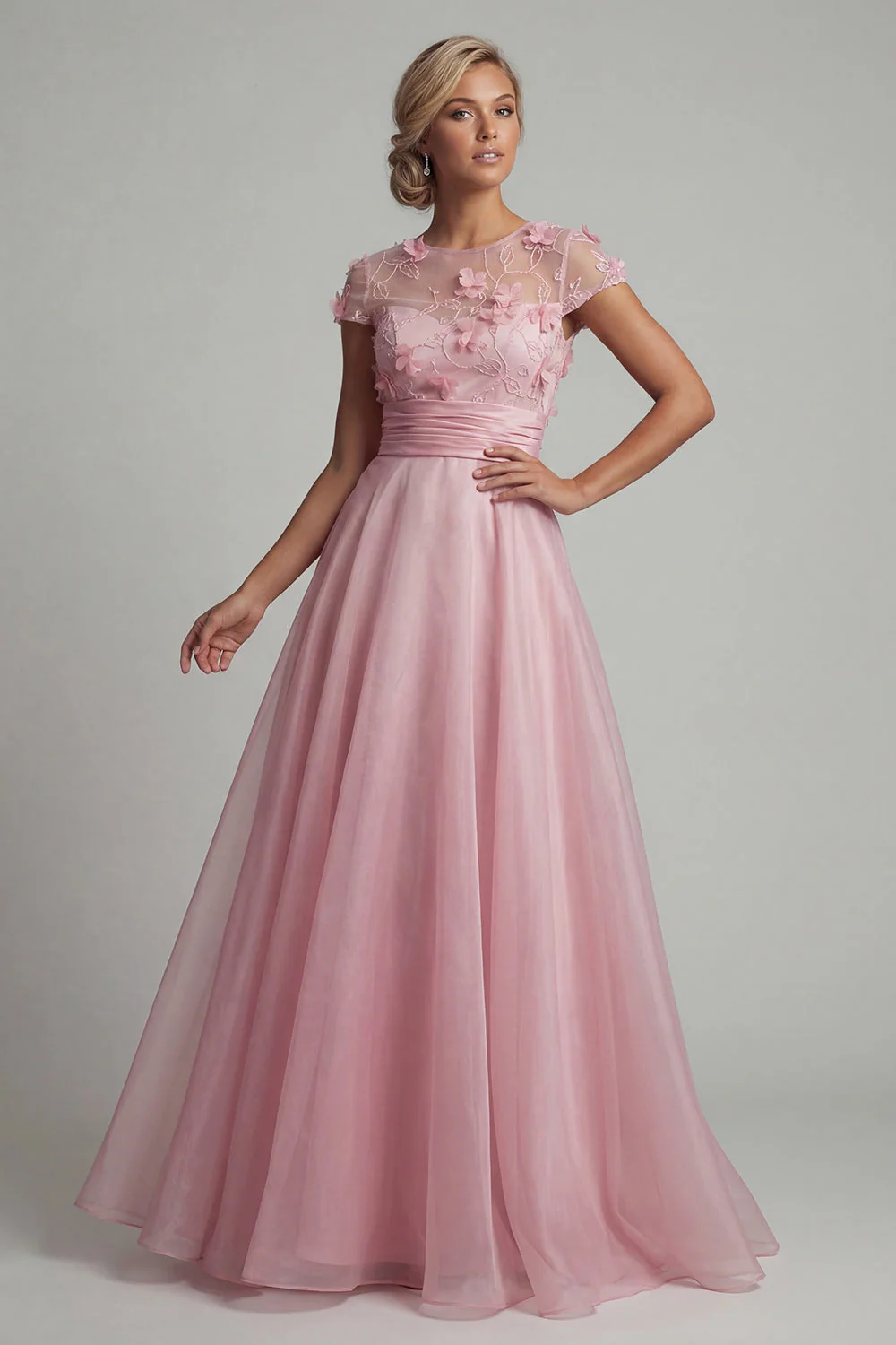 Pink Round Neck A Line Mother Of Bride Dress with 3D Flowers - Image 3