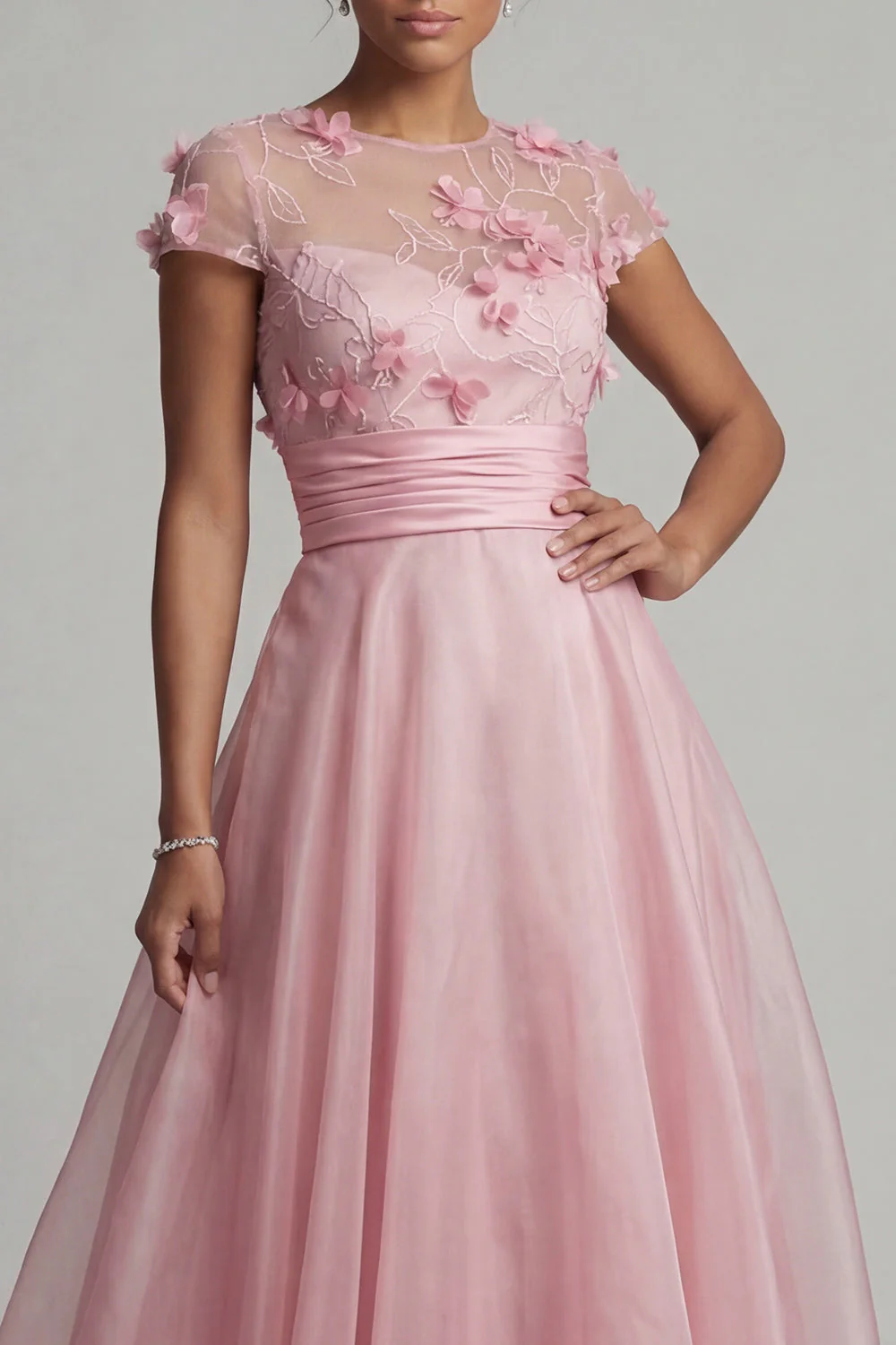 Pink Round Neck A Line Mother Of Bride Dress with 3D Flowers - Image 4