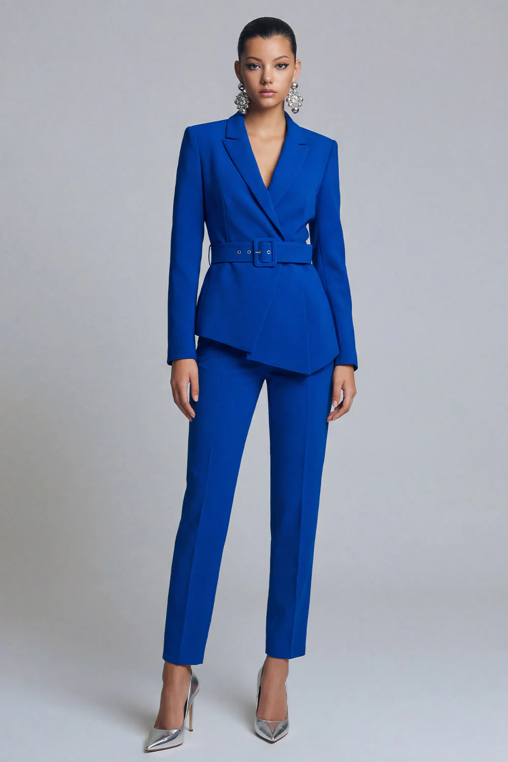 Royal Blue Slim Fit 2 Piece Peak Lapel Women Work Suits with Belt