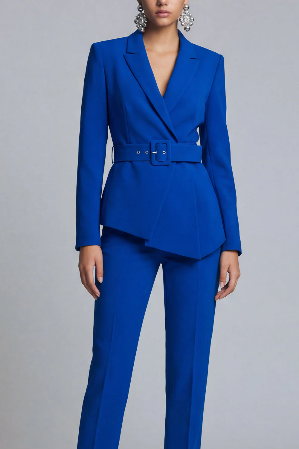 Royal Blue Slim Fit 2 Piece Peak Lapel Women Work Suits with Belt - Image 3