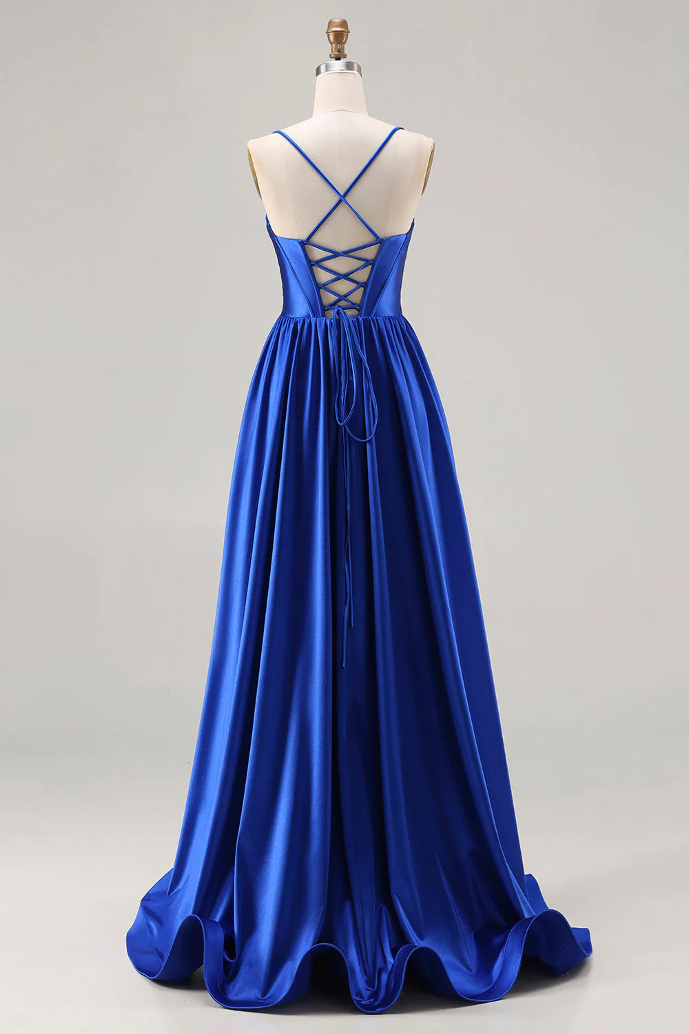 Royal Blue A-Line Beaded Satin Long Prom Dress with Lace Up Back - Image 2