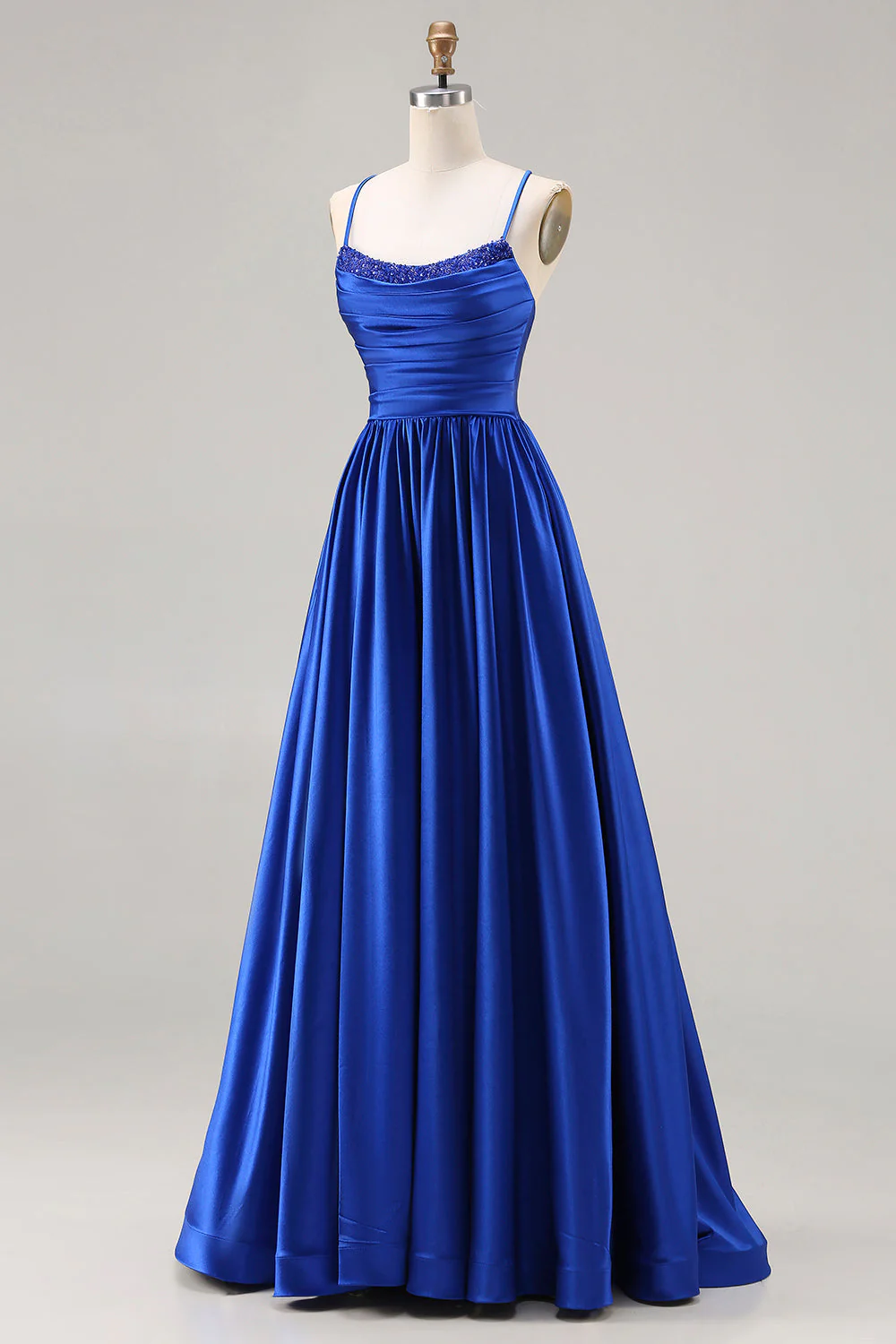 Royal Blue A-Line Beaded Satin Long Prom Dress with Lace Up Back - Image 3