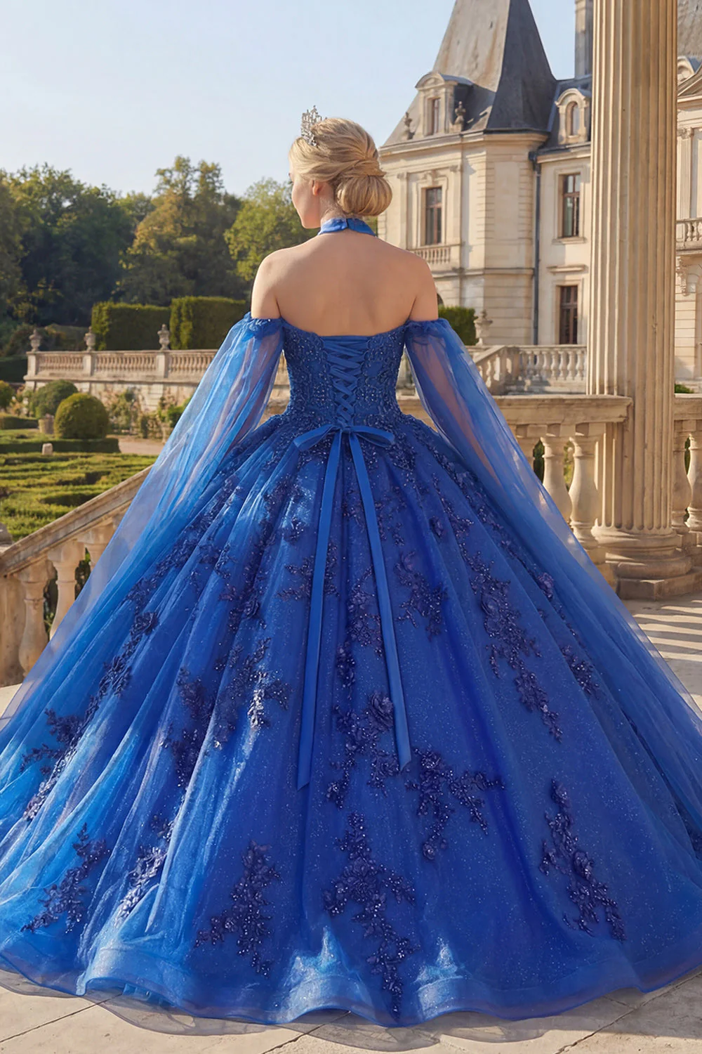Royal Blue Halter Neck Ball Gown Appliqued Quinceanera Dress with Cape Sleeves - Image 2