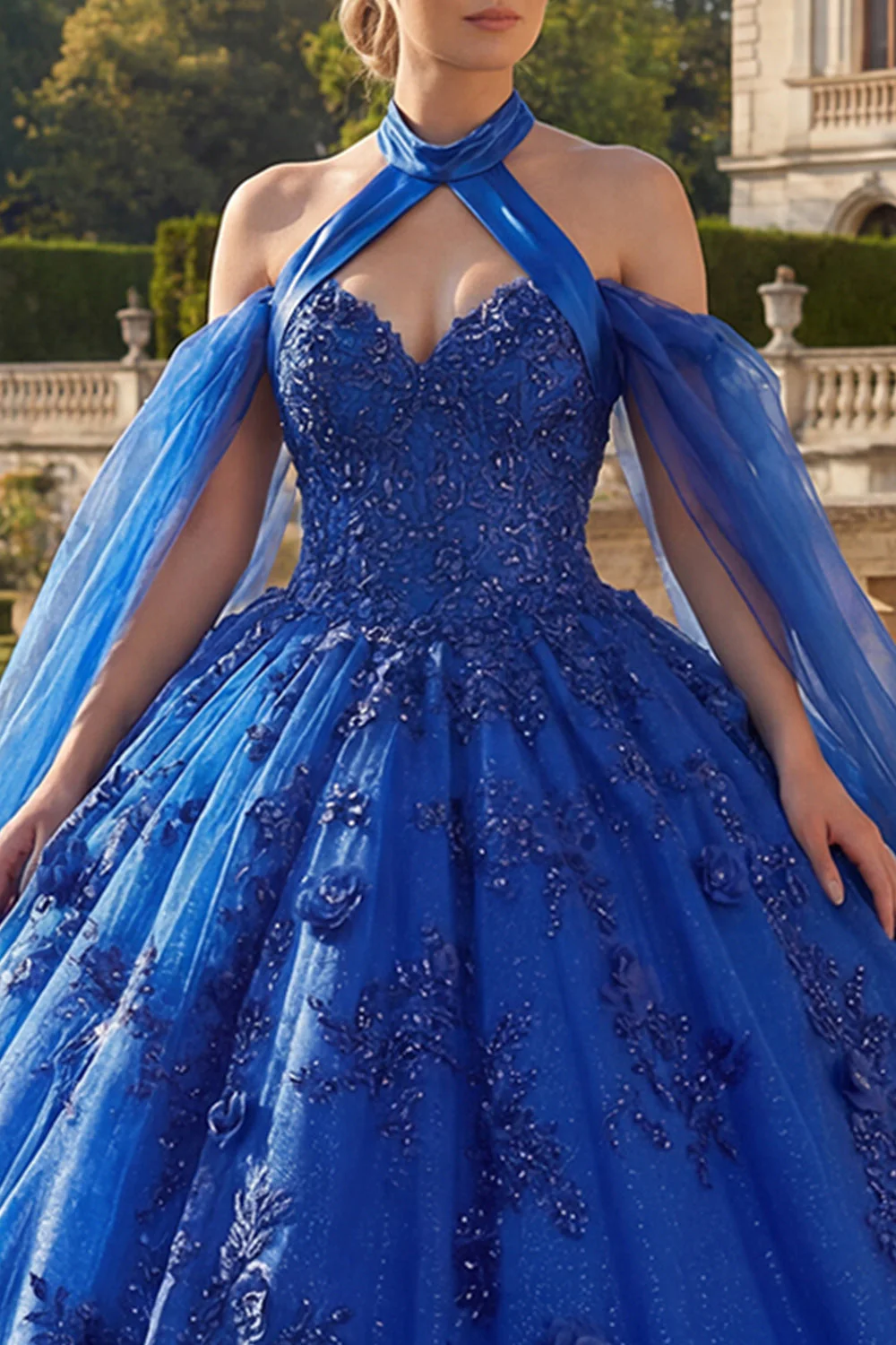 Royal Blue Halter Neck Ball Gown Appliqued Quinceanera Dress with Cape Sleeves - Image 3