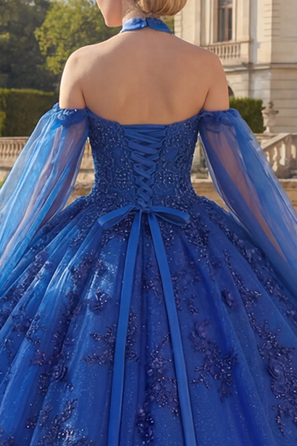 Royal Blue Halter Neck Ball Gown Appliqued Quinceanera Dress with Cape Sleeves - Image 4