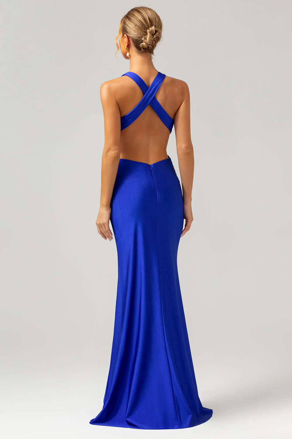 Royal Blue Mermaid V Neck Cut Out Ruched Long Bridesmaid Dress - Image 2