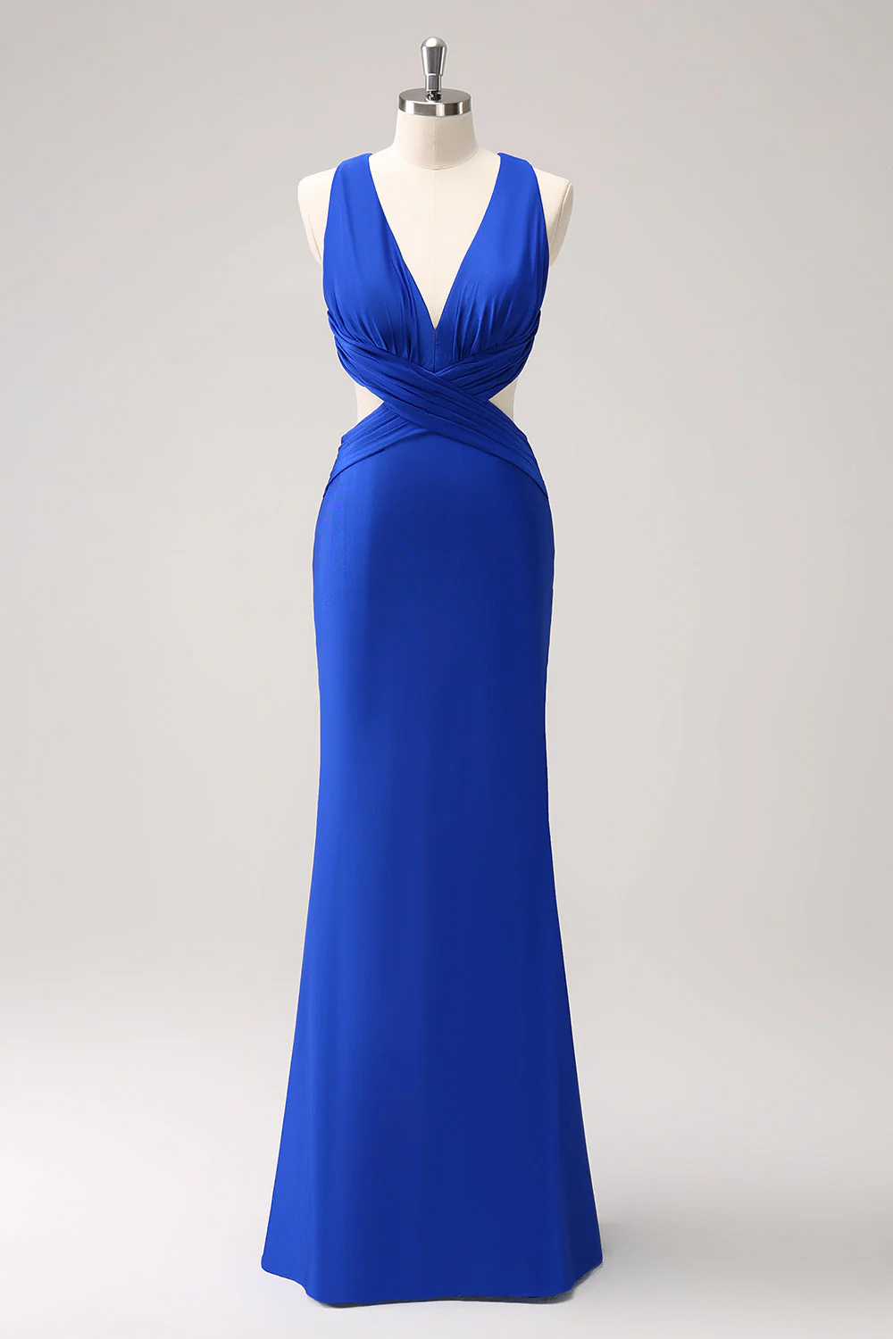 Royal Blue Mermaid V Neck Cut Out Ruched Long Bridesmaid Dress - Image 3