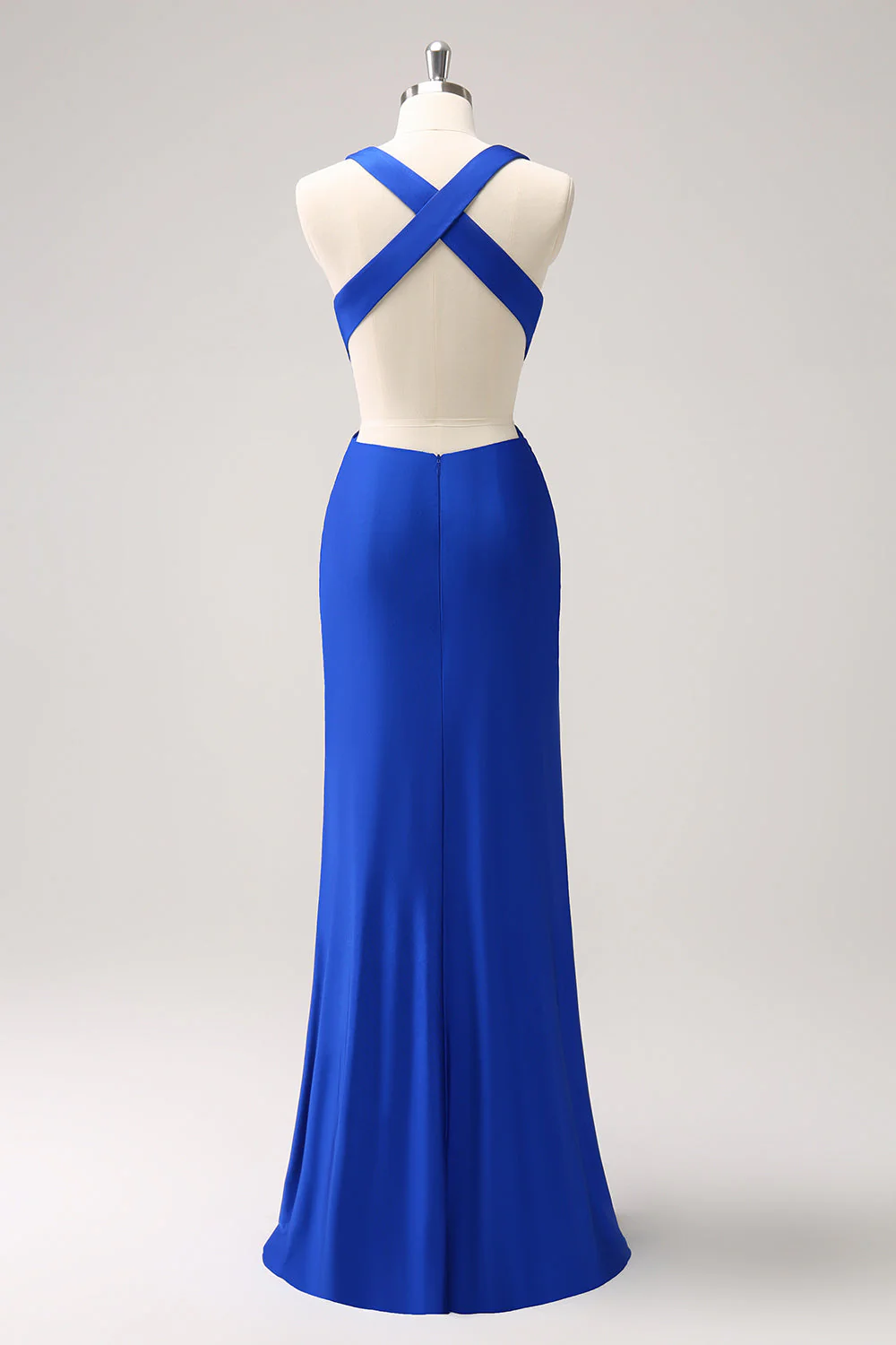 Royal Blue Mermaid V Neck Cut Out Ruched Long Bridesmaid Dress - Image 4