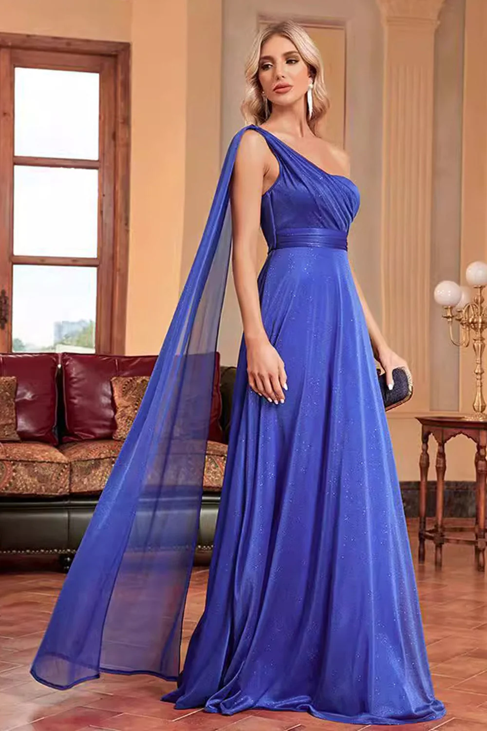 Royal Blue One Shoulder with Streamer A Line Ruched Long Bridesmaid Dress - Image 3