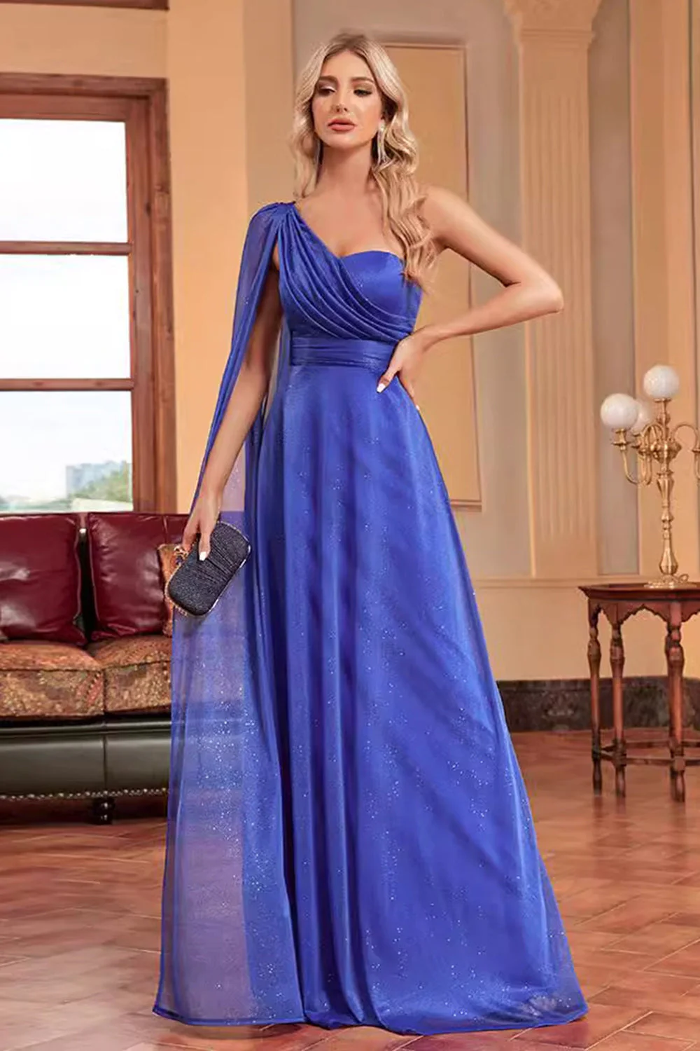 Royal Blue One Shoulder with Streamer A Line Ruched Long Bridesmaid Dress - Image 4