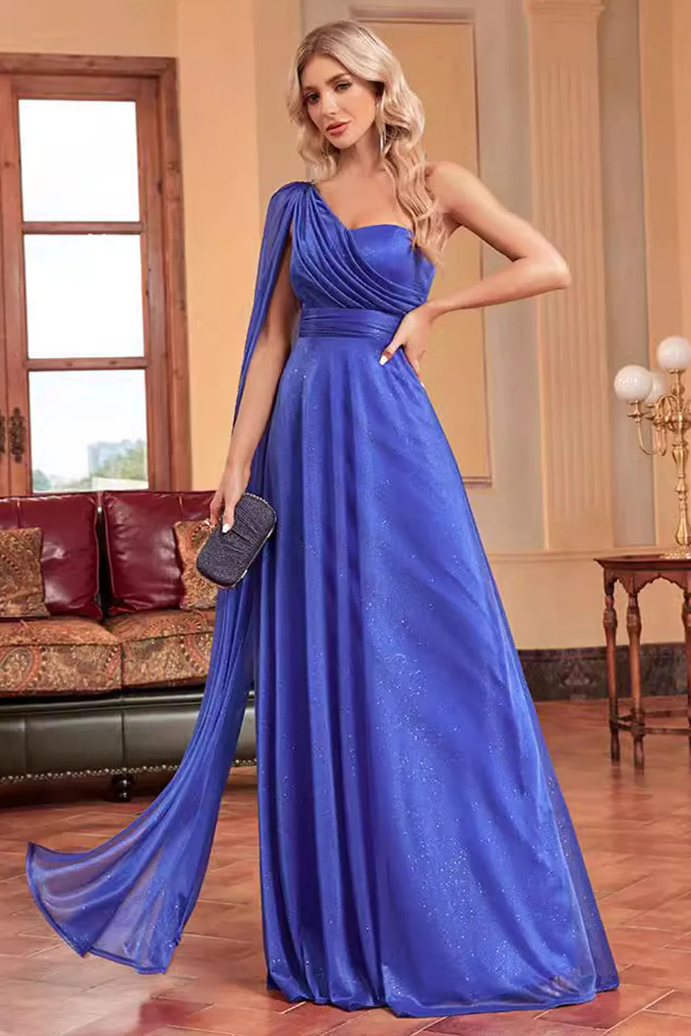 Royal Blue One Shoulder with Streamer A Line Ruched Long Bridesmaid Dress - Image 5