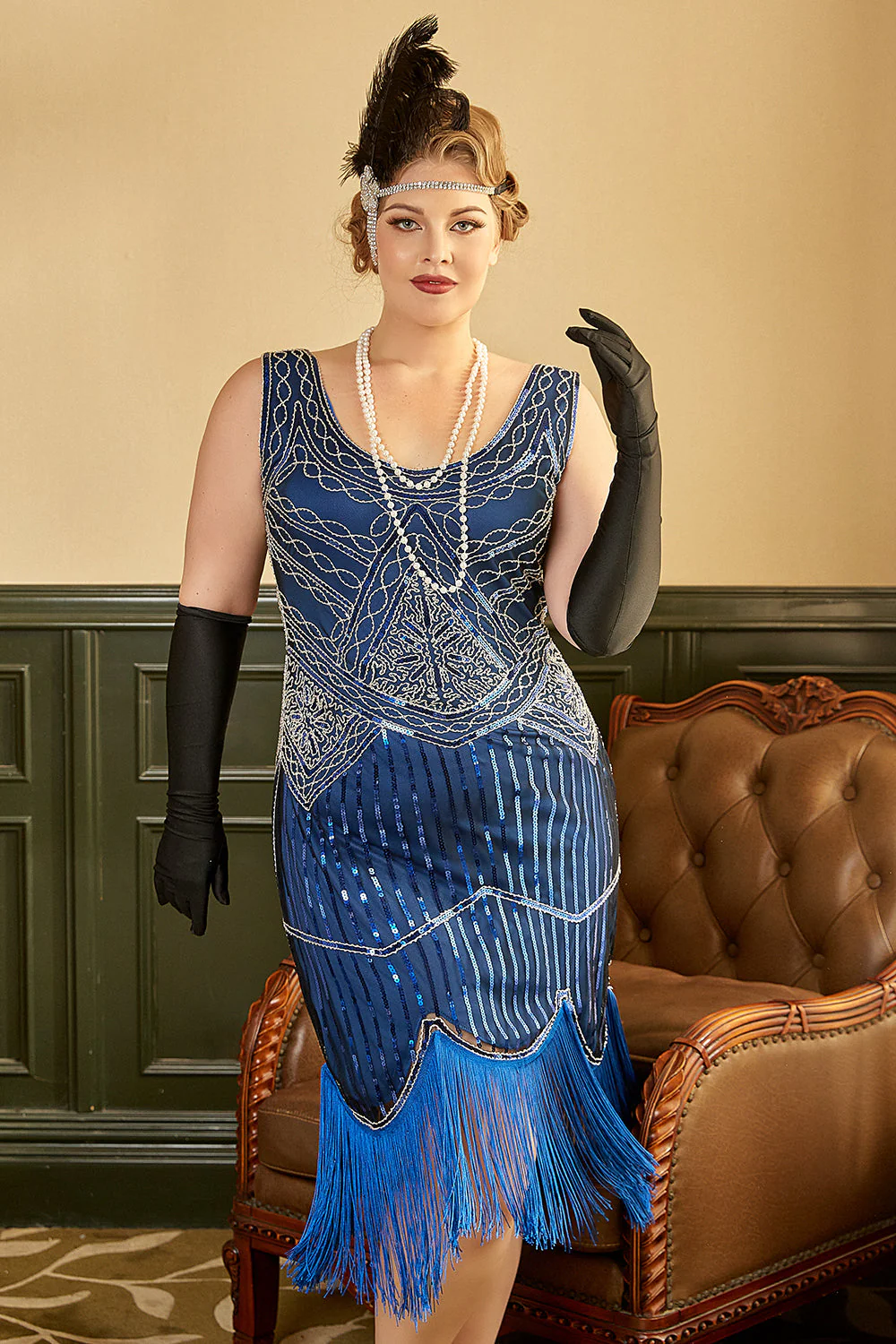 Royal Blue Plus Size 1920s Dress With Fringes - Image 4
