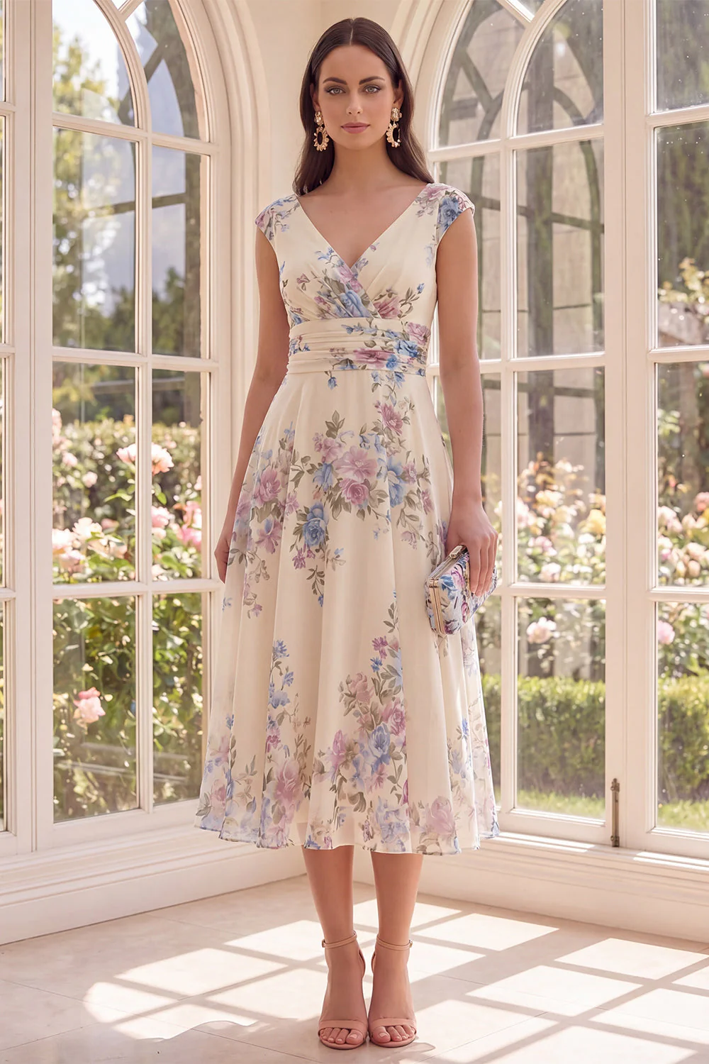 Apricot V-Neck A Line Printed Midi Floral Dress