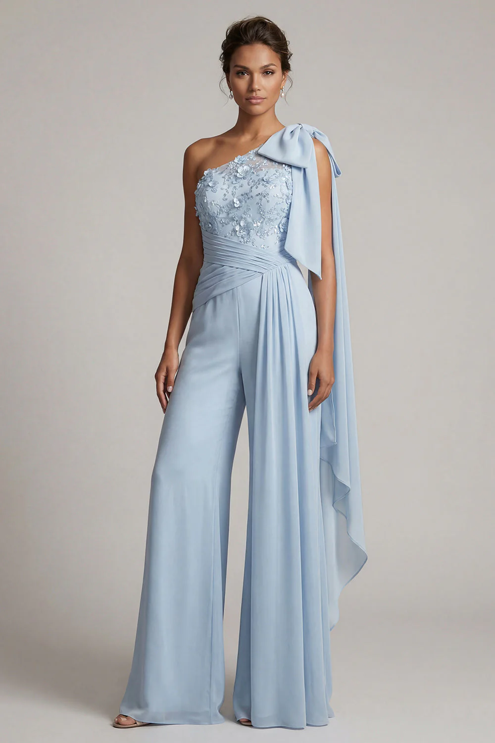 One Shoulder Sky Blue Chiffon Long Mother of the Bride Jumpsuits with Sash