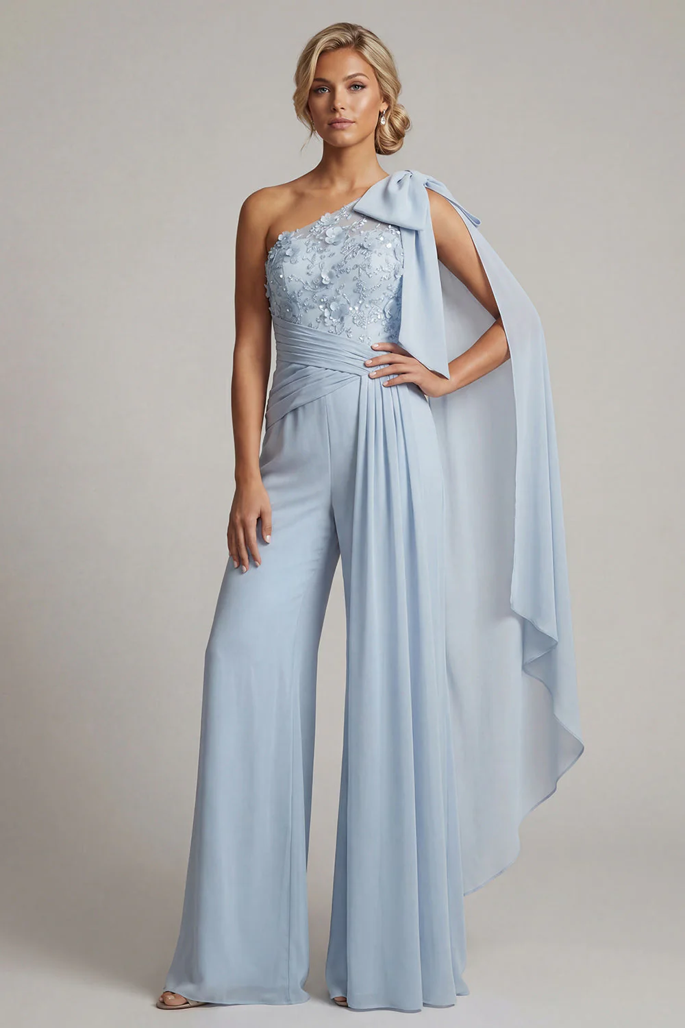 One Shoulder Sky Blue Chiffon Long Mother of the Bride Jumpsuits with Sash - Image 3