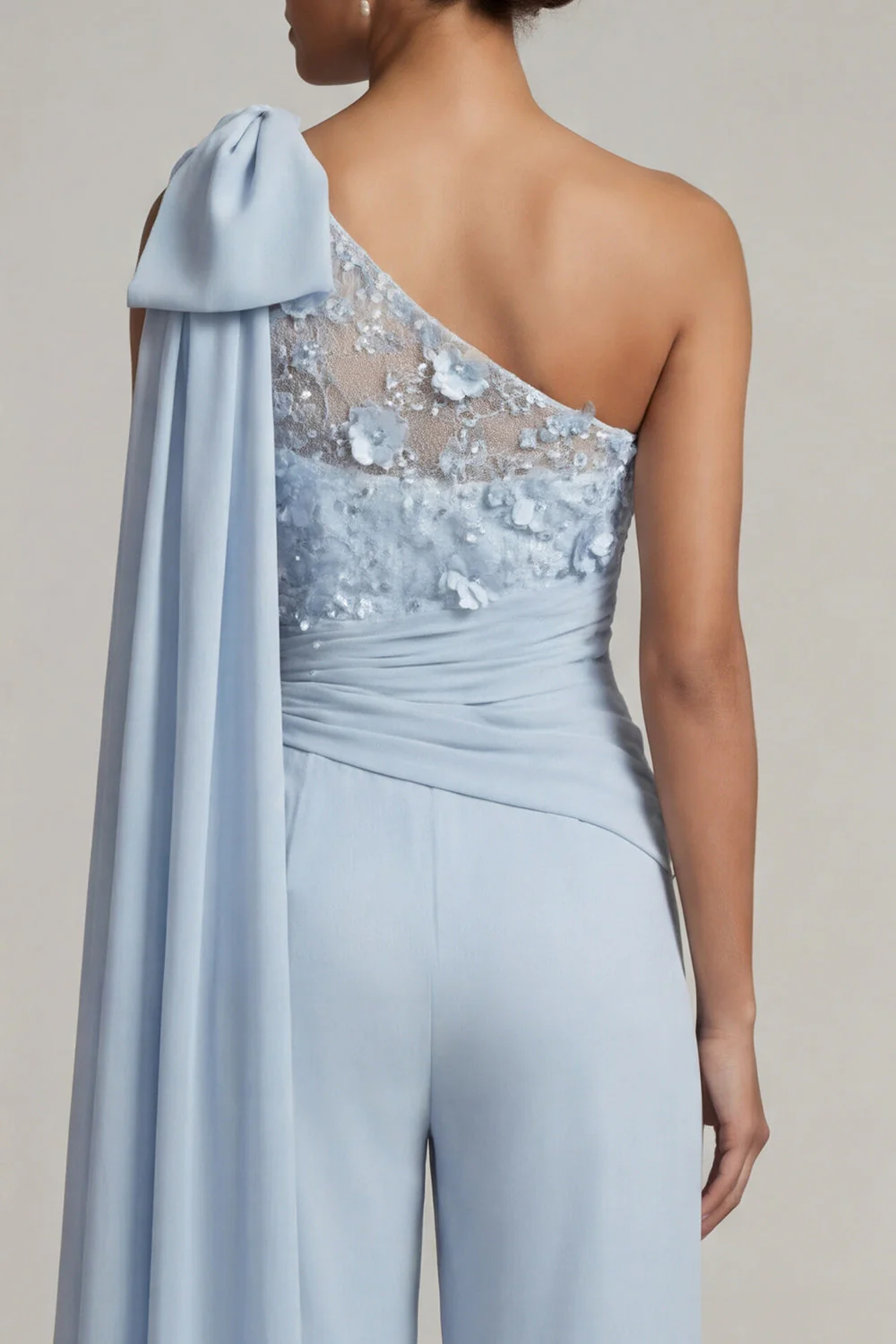 One Shoulder Sky Blue Chiffon Long Mother of the Bride Jumpsuits with Sash - Image 5