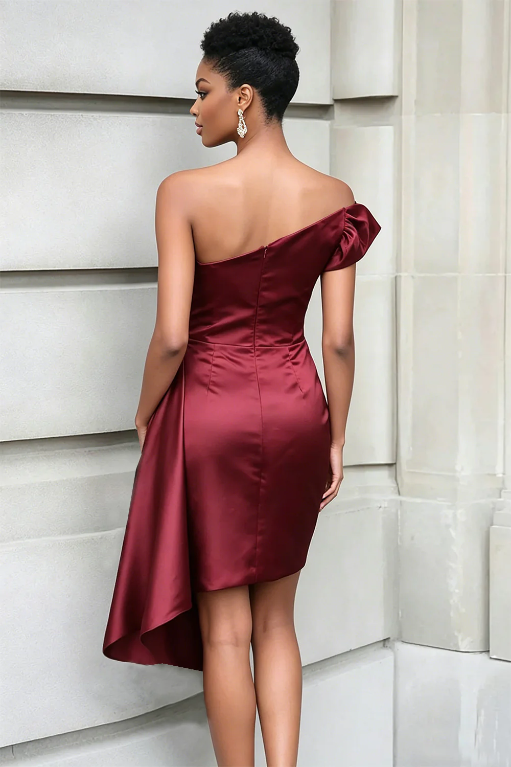 Ruffled One Shoulder Tight Burgundy Knee Length Gala Dress - Image 2