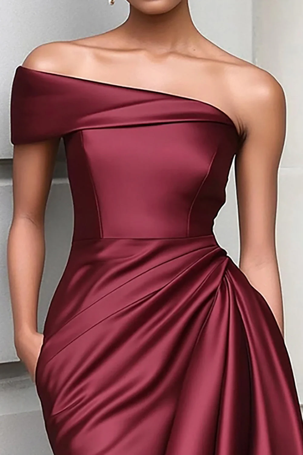 Ruffled One Shoulder Tight Burgundy Knee Length Gala Dress - Image 3