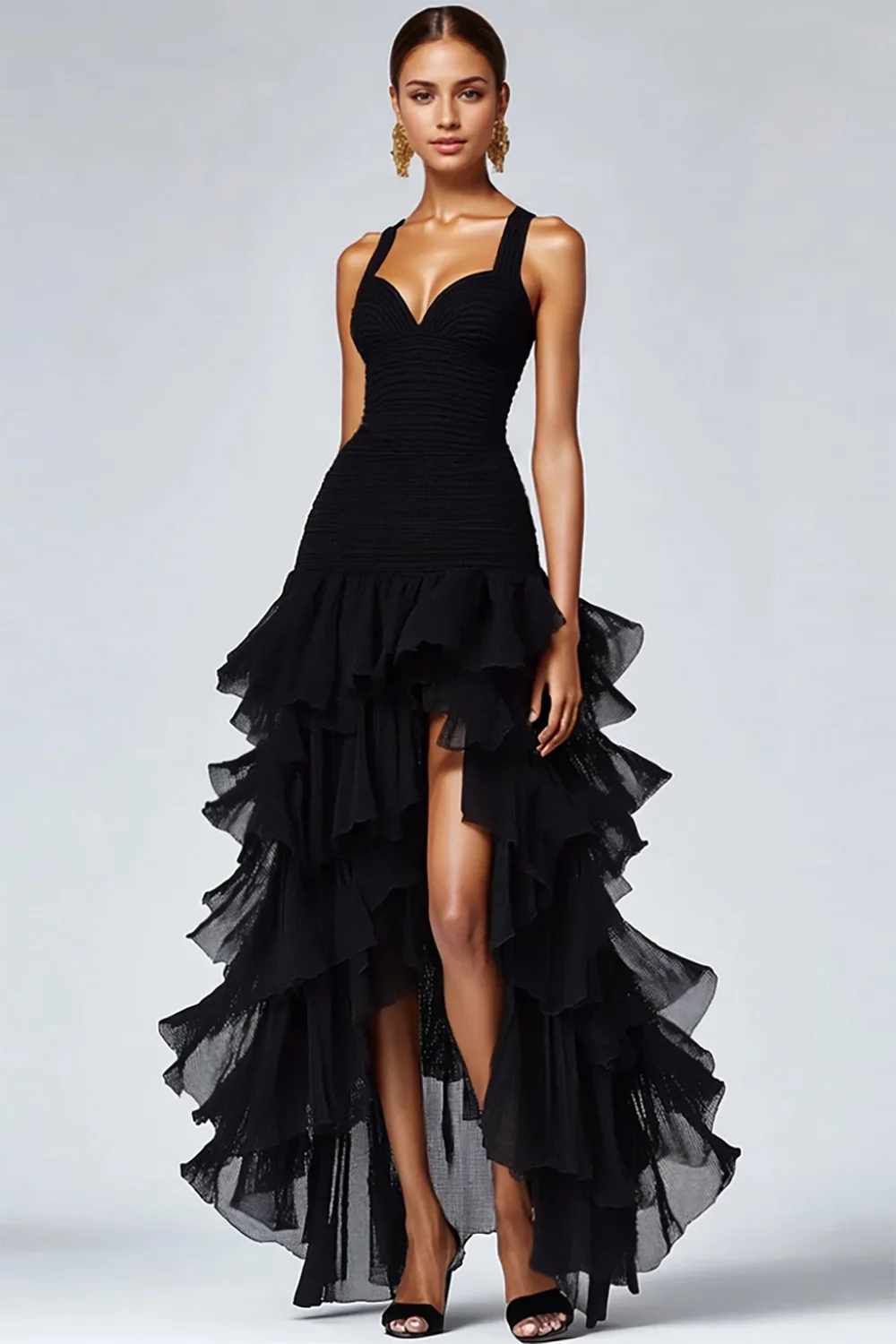 Ruffled Black Organza High-Low Black Evening Dress