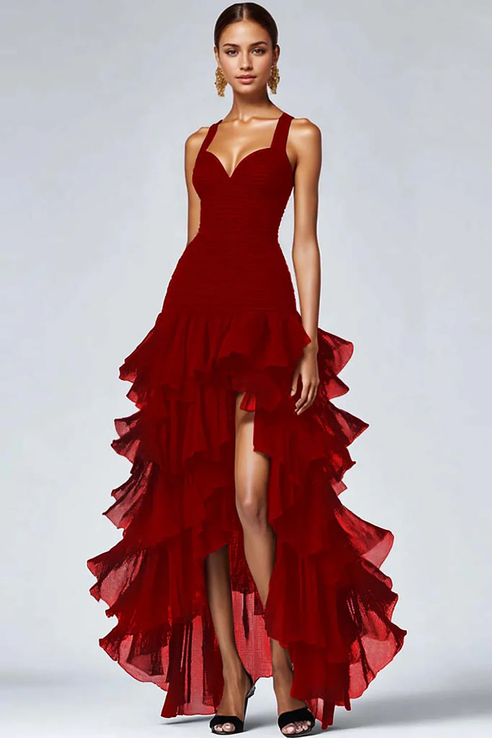 Ruffled Black Organza High-Low Black Evening Dress - Image 2