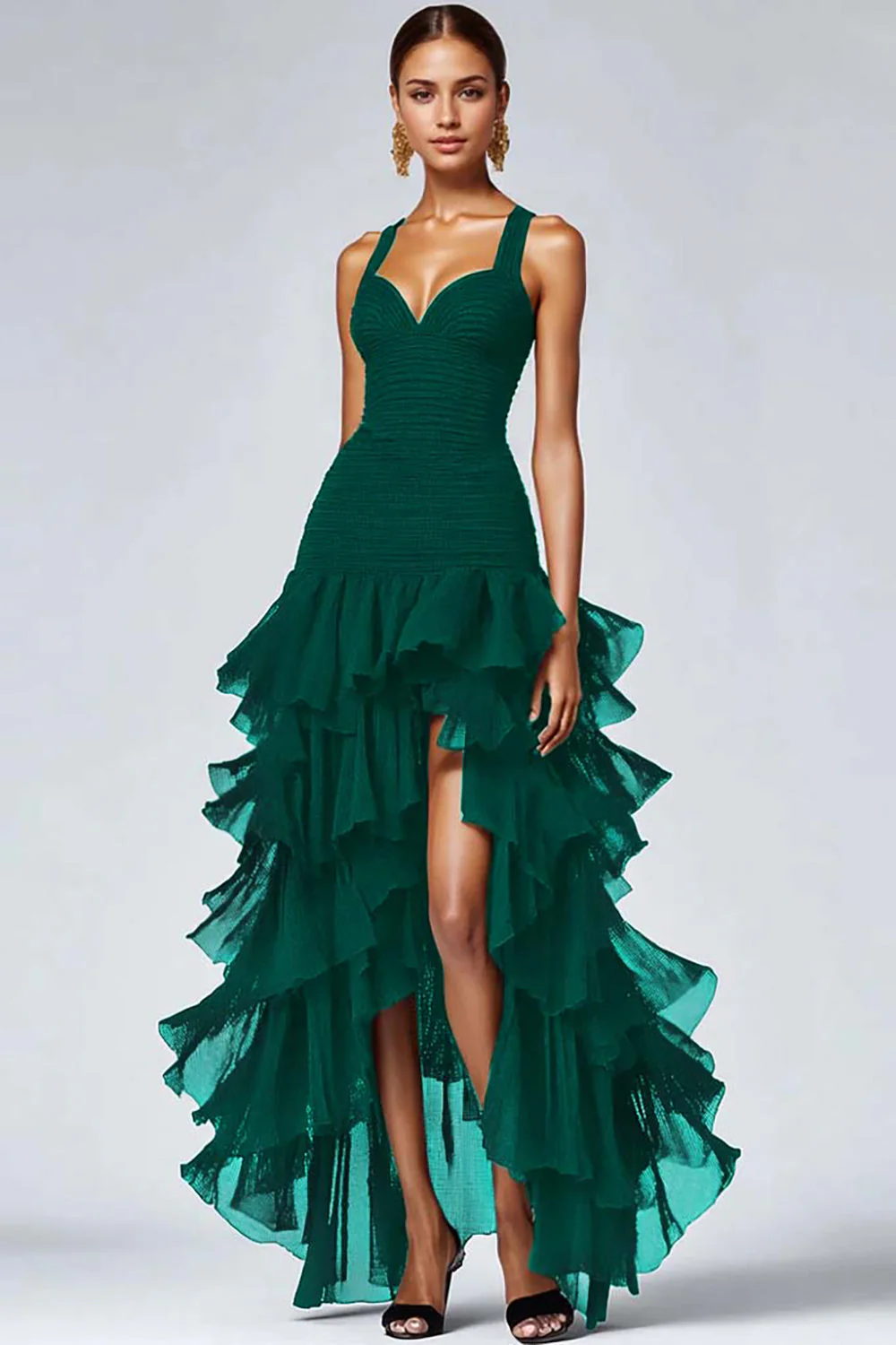 Ruffled Black Organza High-Low Black Evening Dress - Image 3