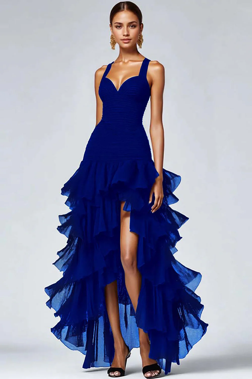 Ruffled Black Organza High-Low Black Evening Dress - Image 4