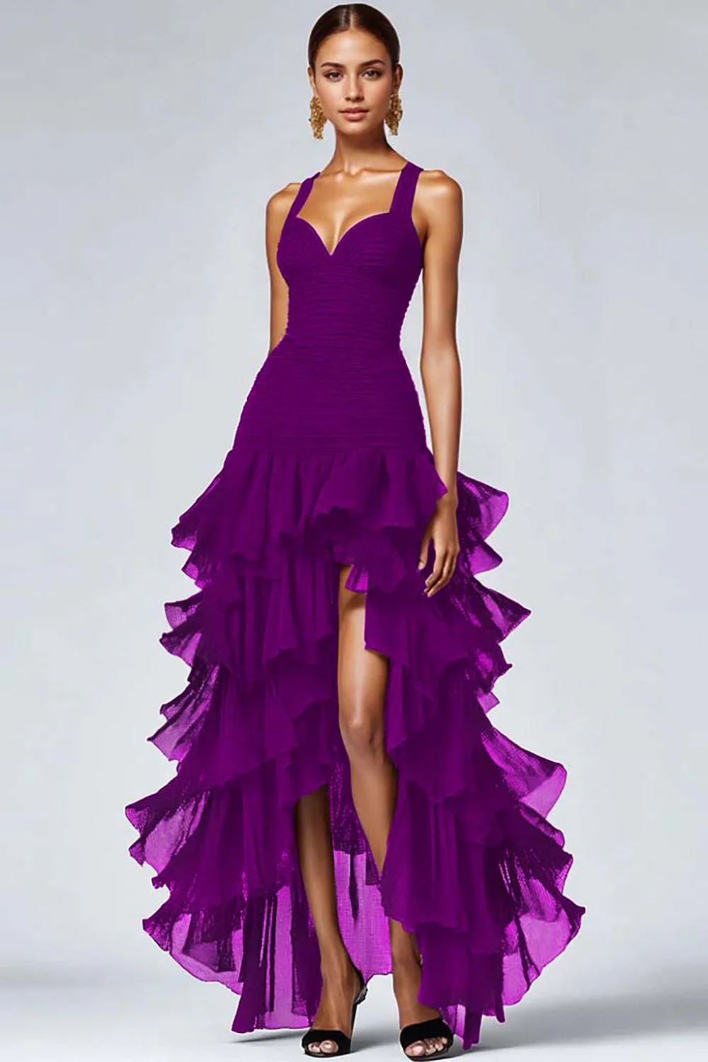 Ruffled Black Organza High-Low Black Evening Dress - Image 5