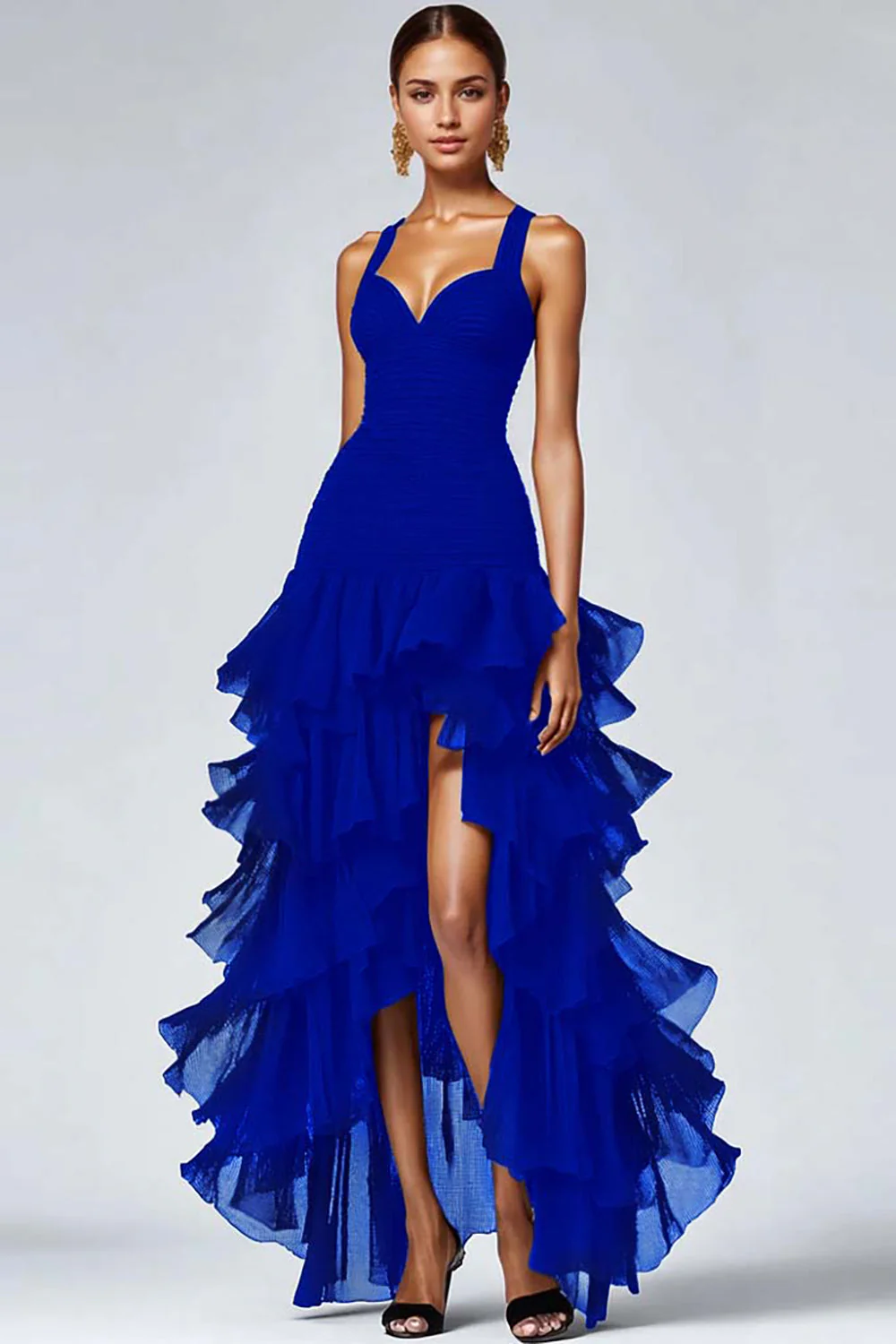 Ruffled Black Organza High-Low Black Evening Dress - Image 6