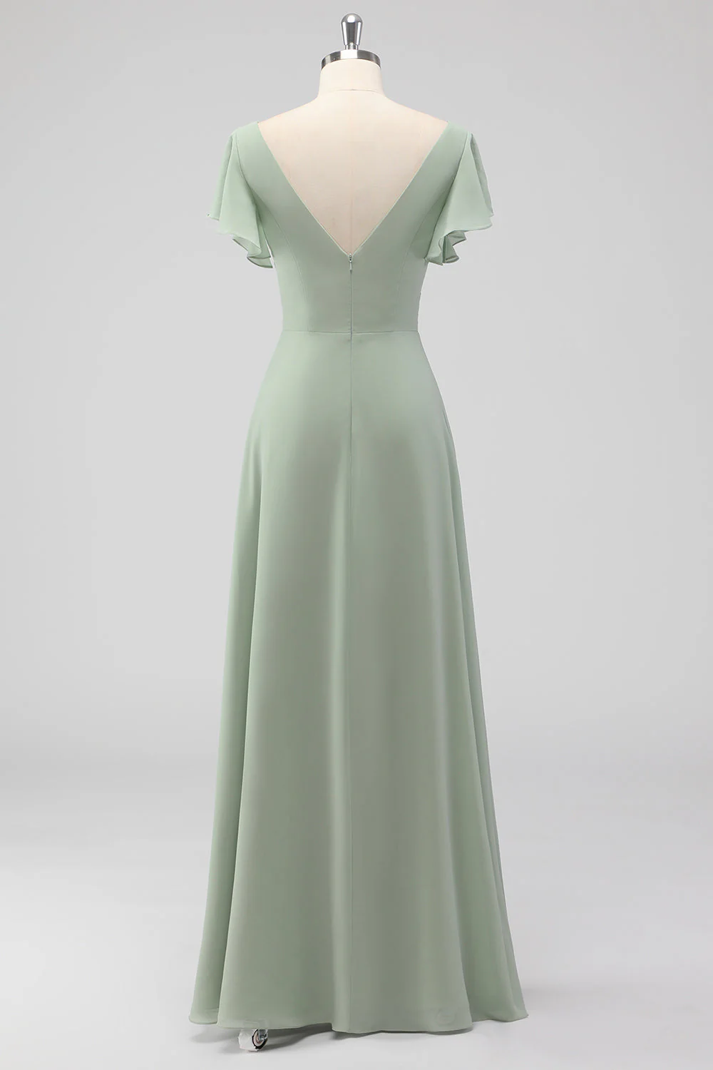 Sage Green A-Line Chiffon V-neck Long Bridesmaid Dress with Short Sleeves - Image 2