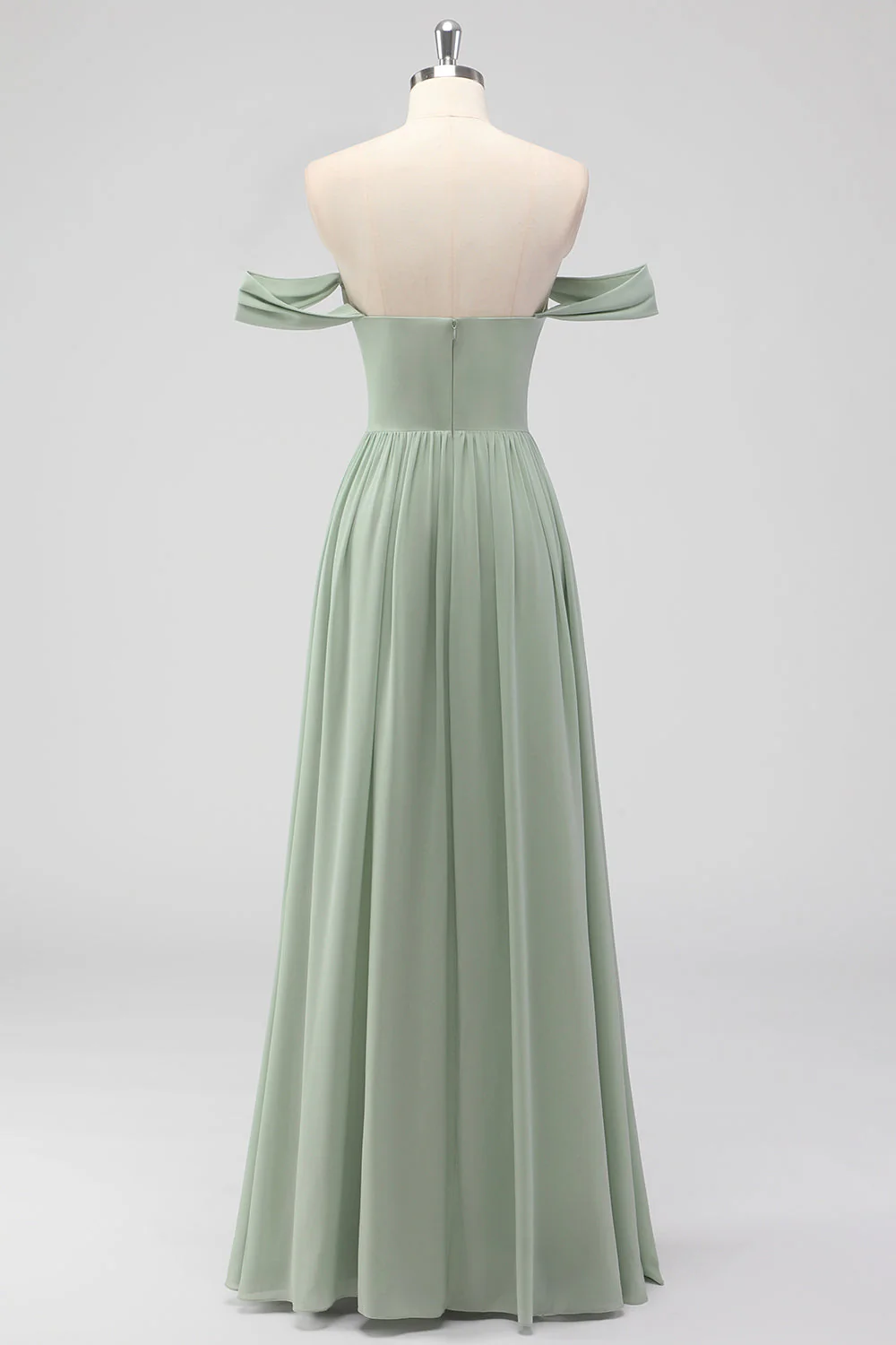 Sage Green A-Line Off the Shoulder Chiffon Long Bridesmaid Dress - Image 2