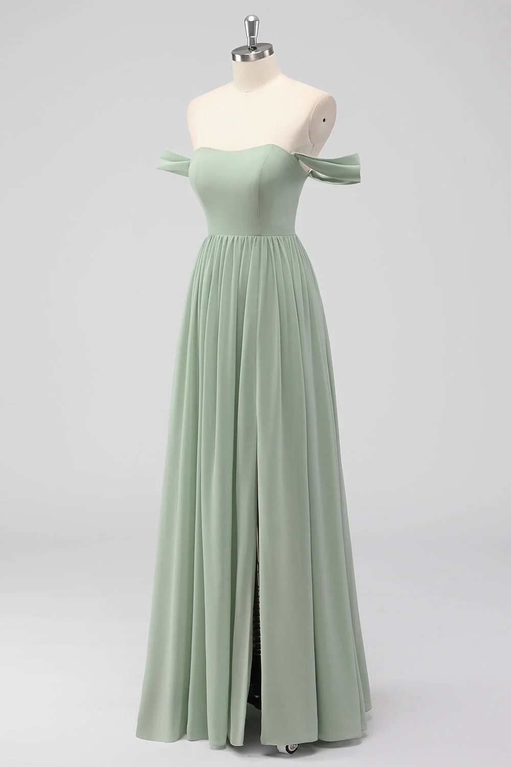Sage Green A-Line Off the Shoulder Chiffon Long Bridesmaid Dress - Image 3