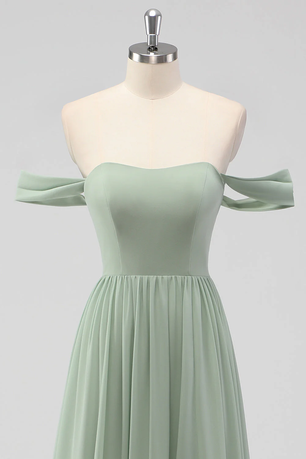 Sage Green A-Line Off the Shoulder Chiffon Long Bridesmaid Dress - Image 4