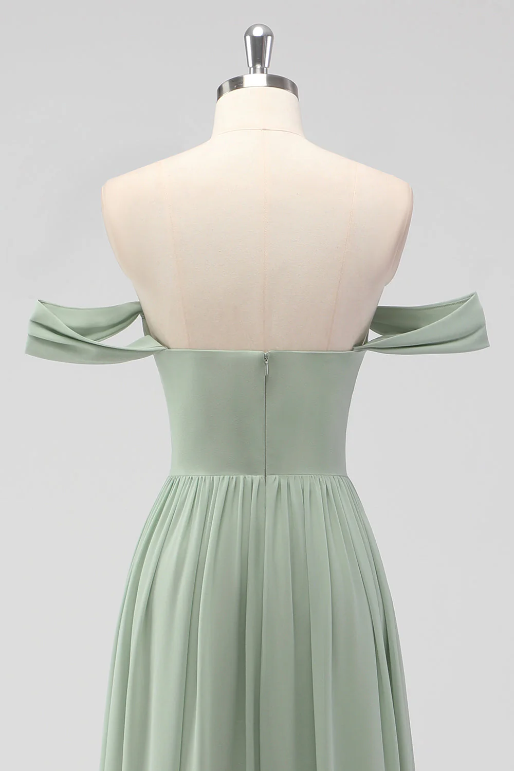 Sage Green A-Line Off the Shoulder Chiffon Long Bridesmaid Dress - Image 5