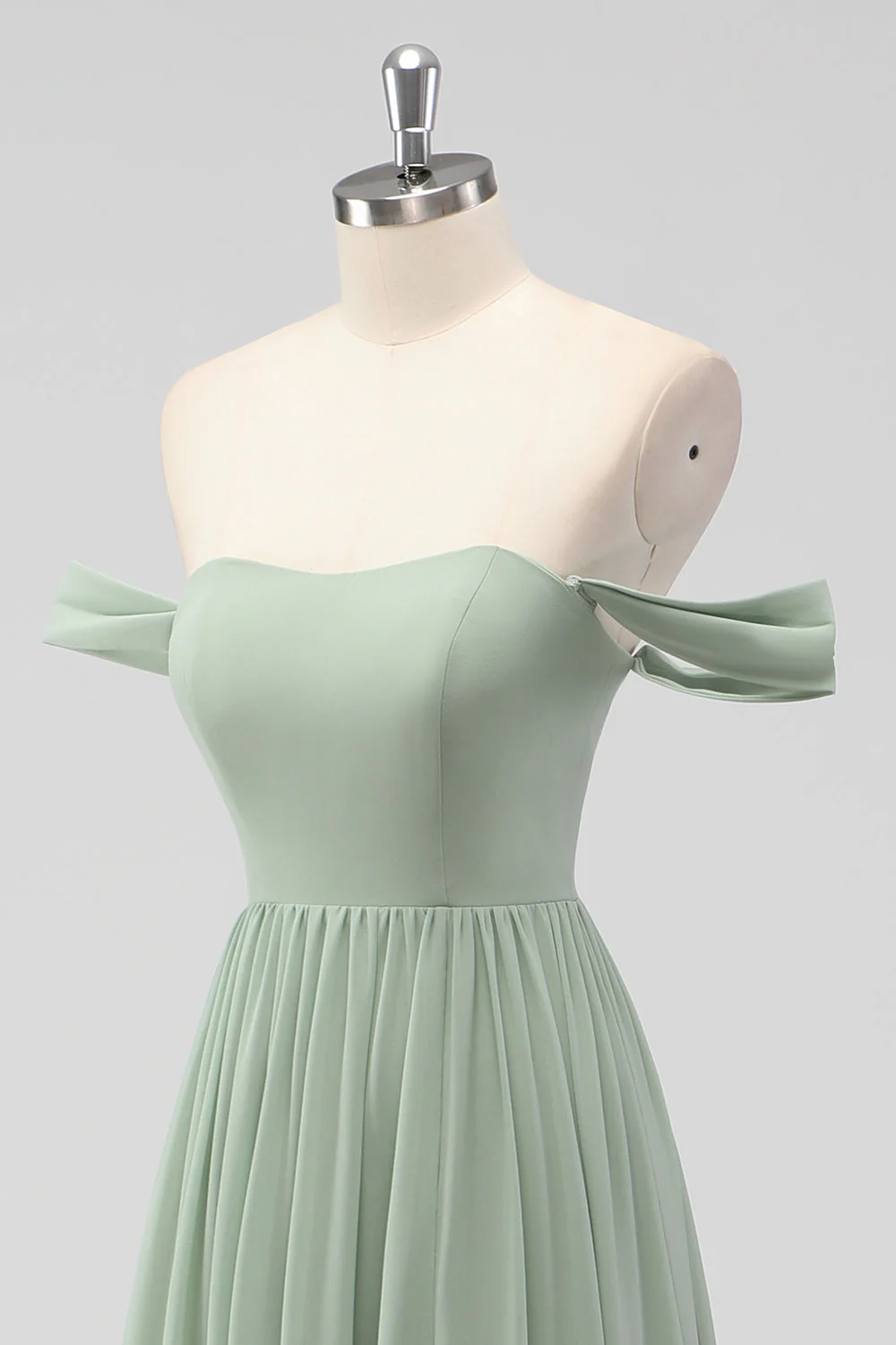 Sage Green A-Line Off the Shoulder Chiffon Long Bridesmaid Dress - Image 6