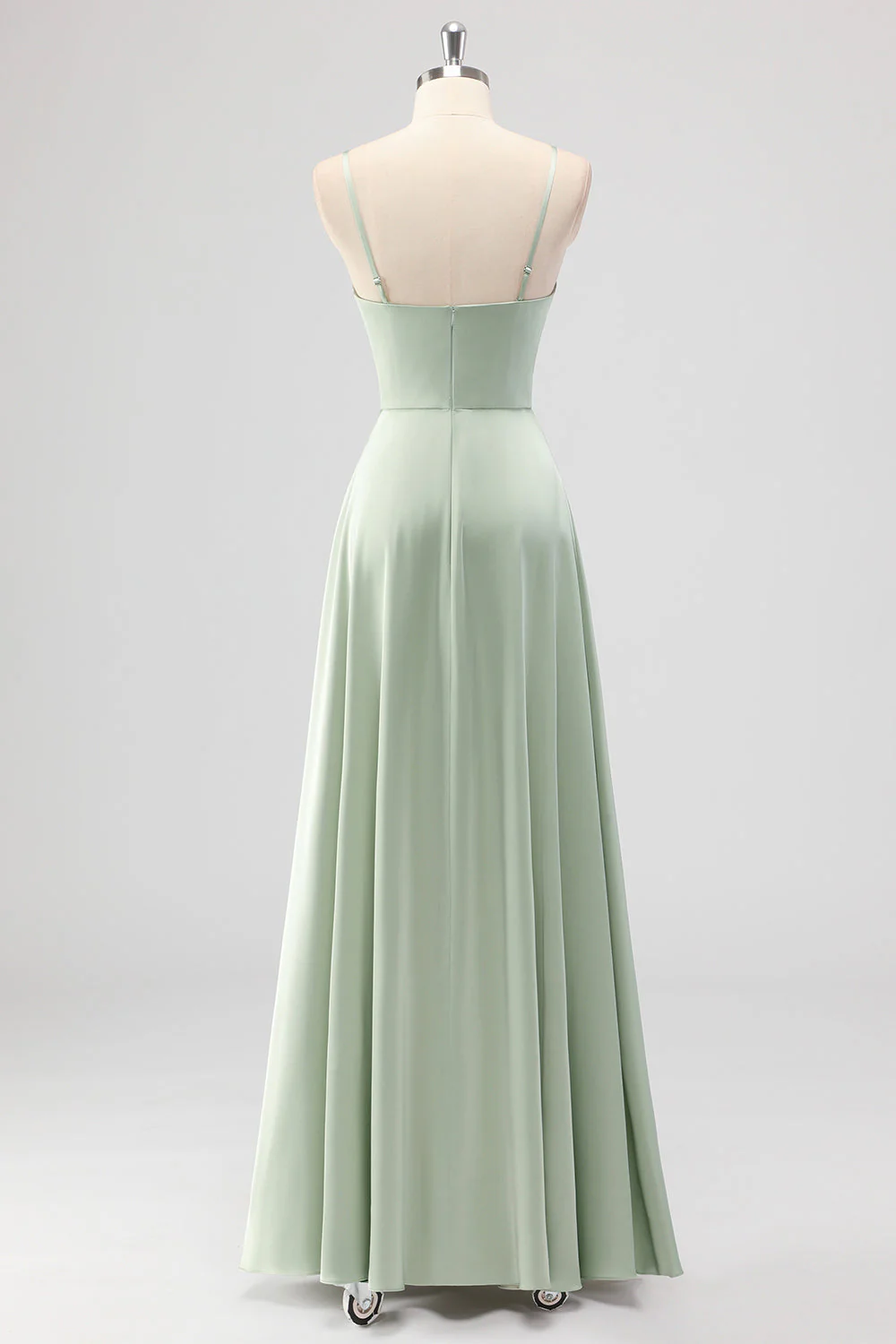 Sage Green A-Line Satin Spaghetti Straps Long Bridesmaid Dress - Image 2