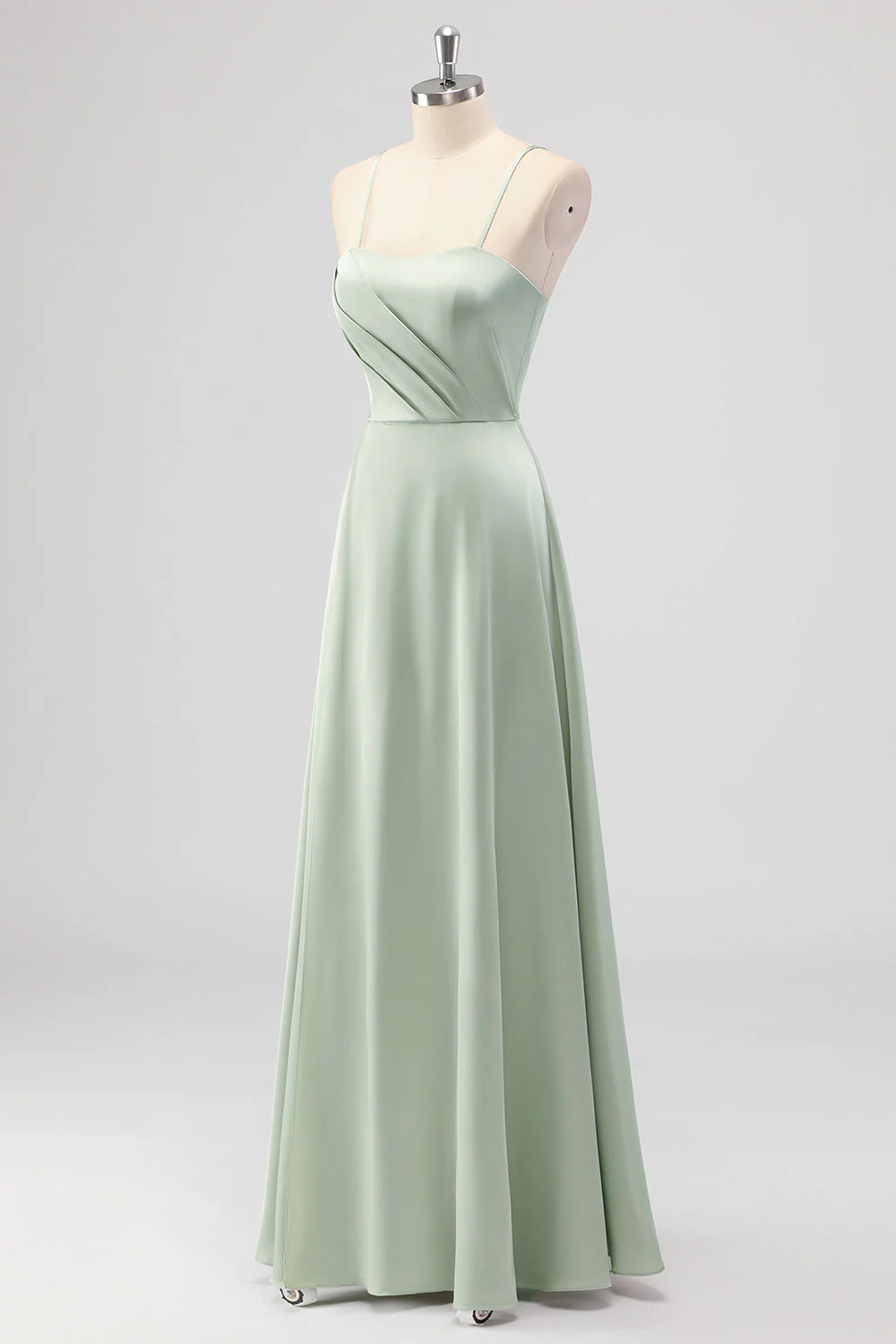 Sage Green A-Line Satin Spaghetti Straps Long Bridesmaid Dress - Image 3