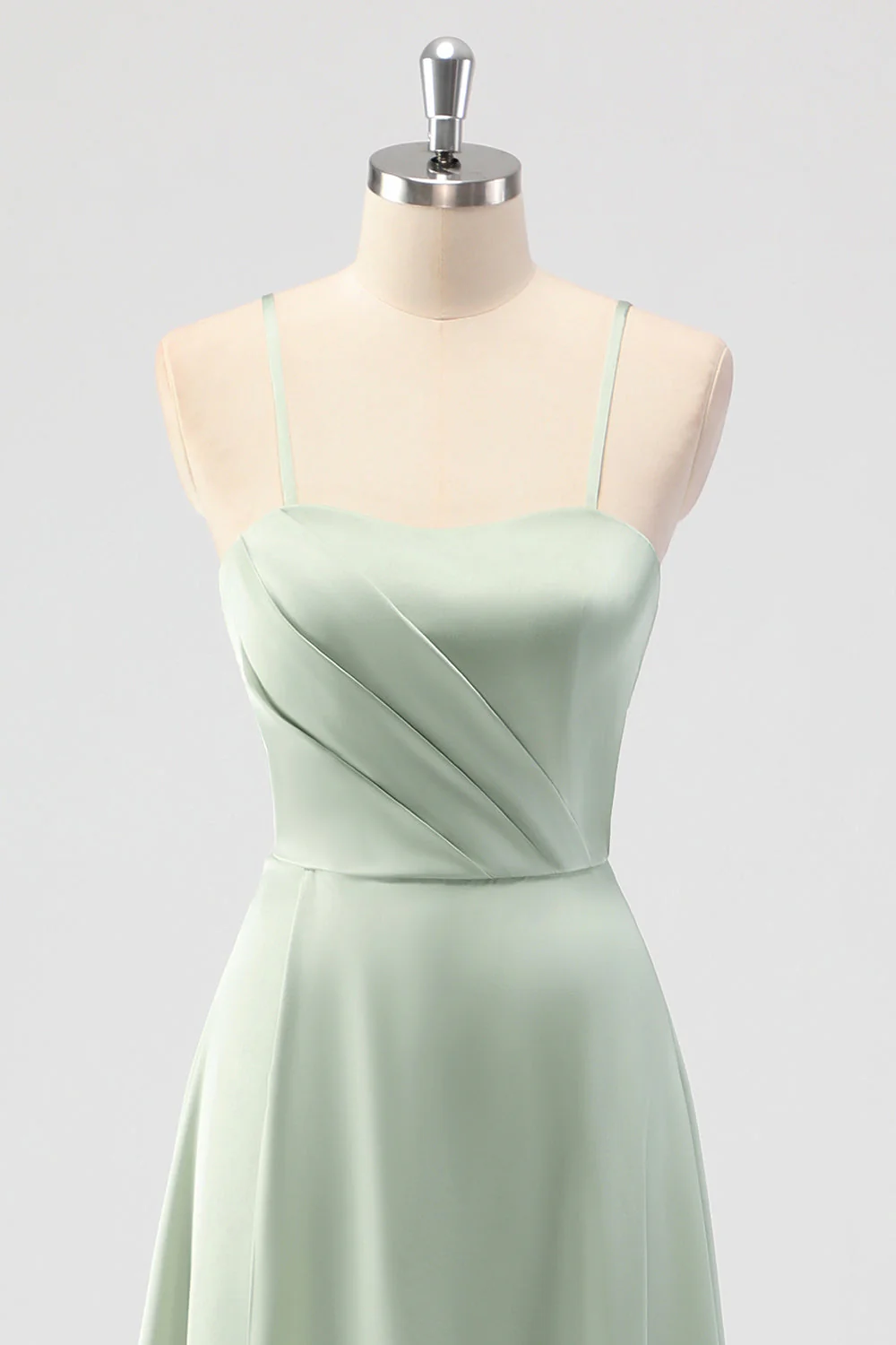 Sage Green A-Line Satin Spaghetti Straps Long Bridesmaid Dress - Image 4