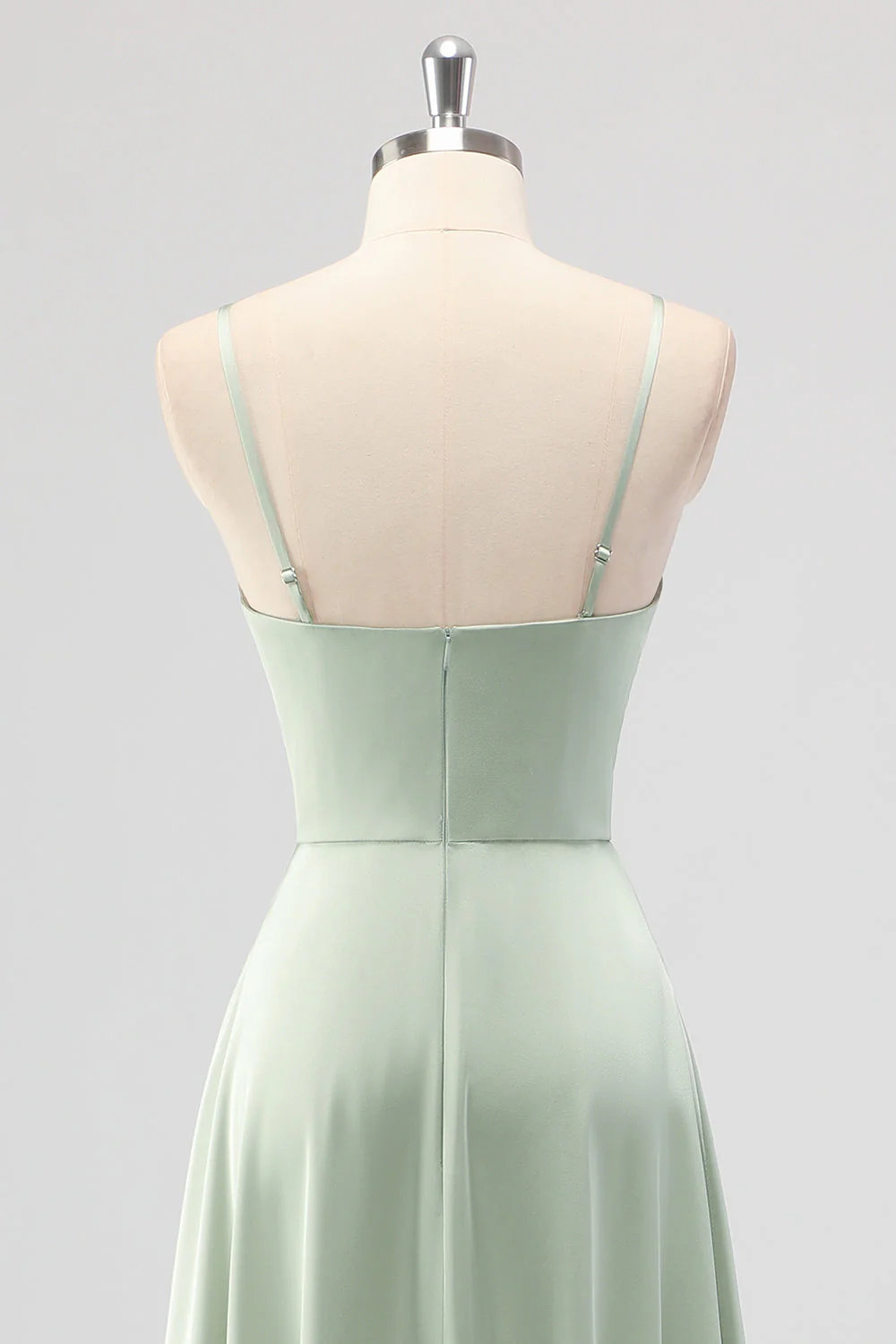 Sage Green A-Line Satin Spaghetti Straps Long Bridesmaid Dress - Image 5