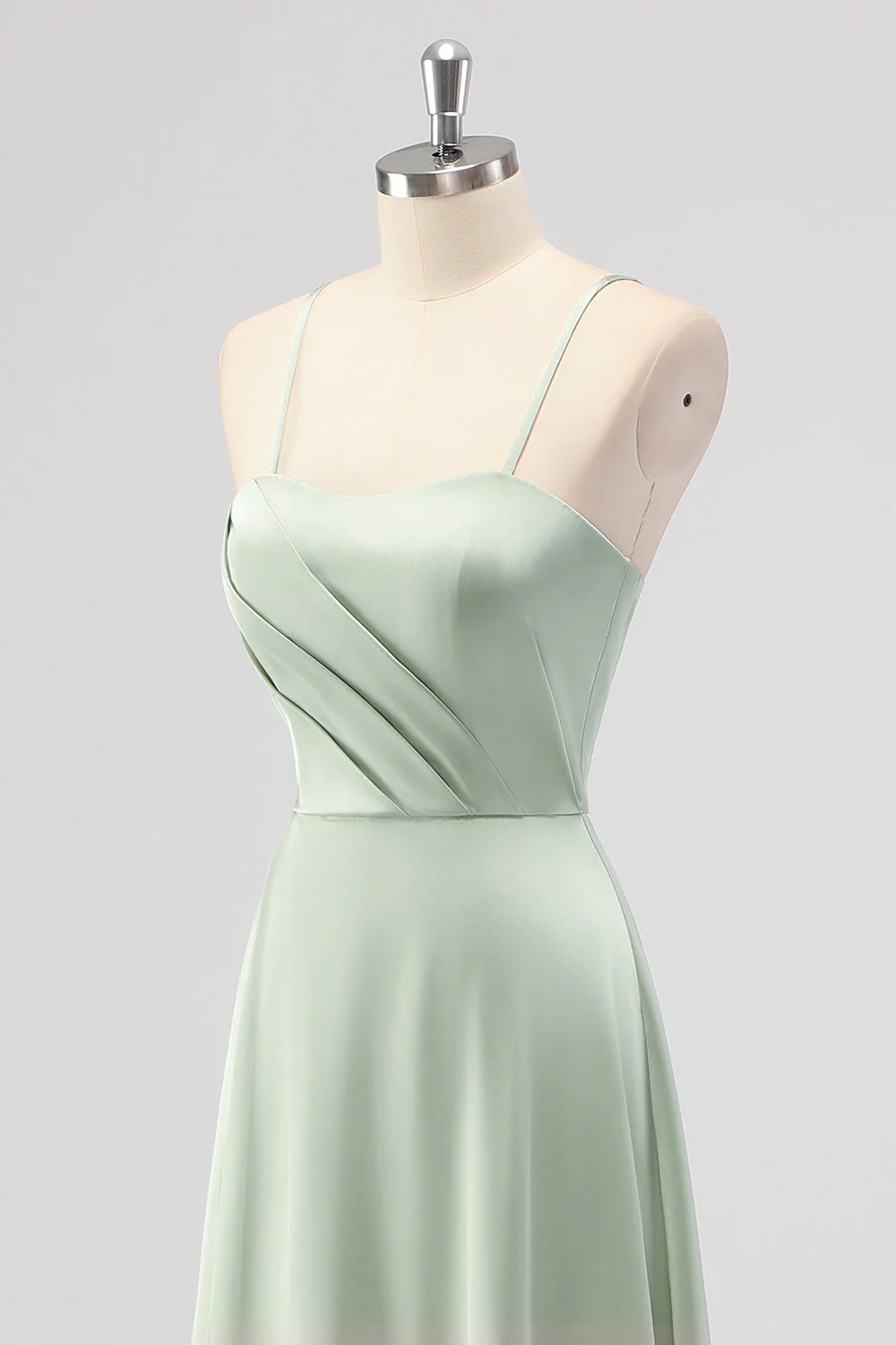 Sage Green A-Line Satin Spaghetti Straps Long Bridesmaid Dress - Image 6