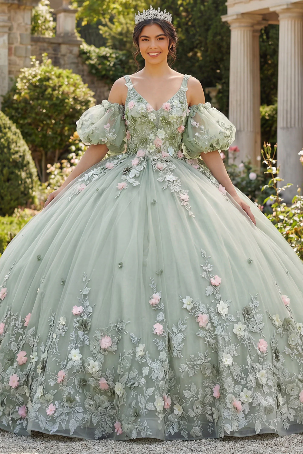 Sage Green Ball Gown 3D Flowers Princess Quinceanera Dress with Puff Sleeves