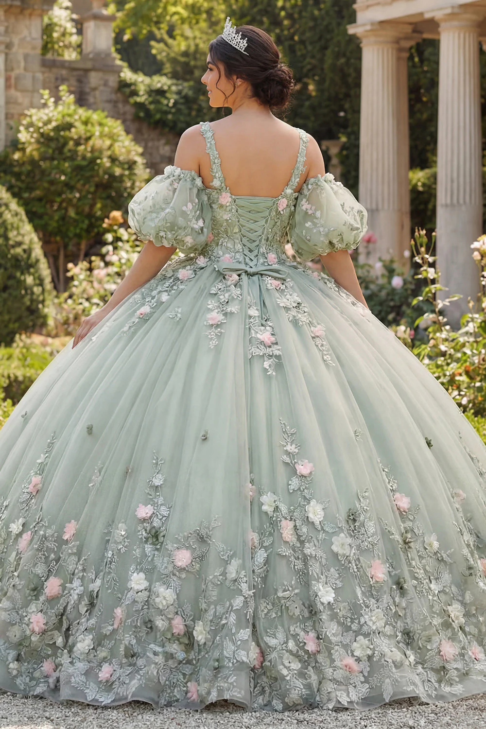 Sage Green Ball Gown 3D Flowers Princess Quinceanera Dress with Puff Sleeves - Image 2
