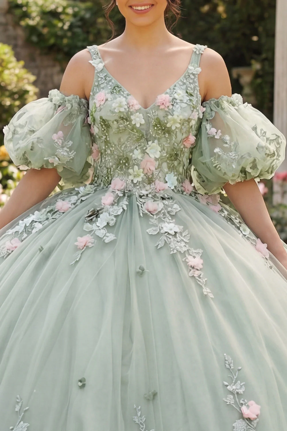 Sage Green Ball Gown 3D Flowers Princess Quinceanera Dress with Puff Sleeves - Image 3
