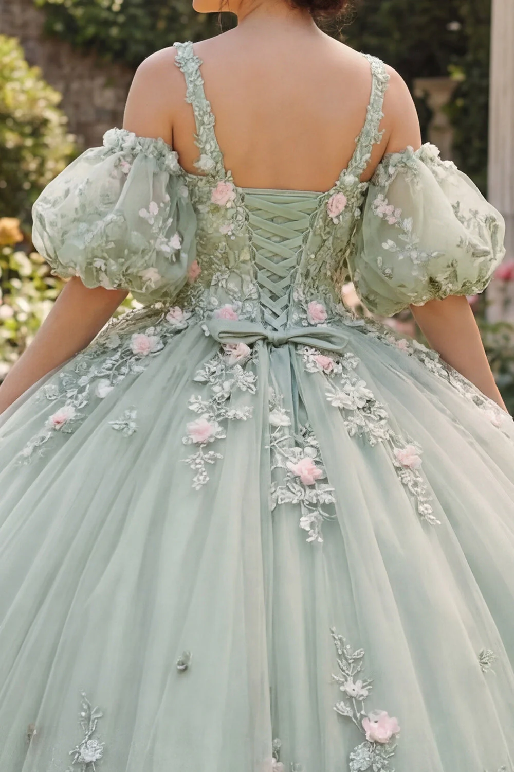 Sage Green Ball Gown 3D Flowers Princess Quinceanera Dress with Puff Sleeves - Image 4