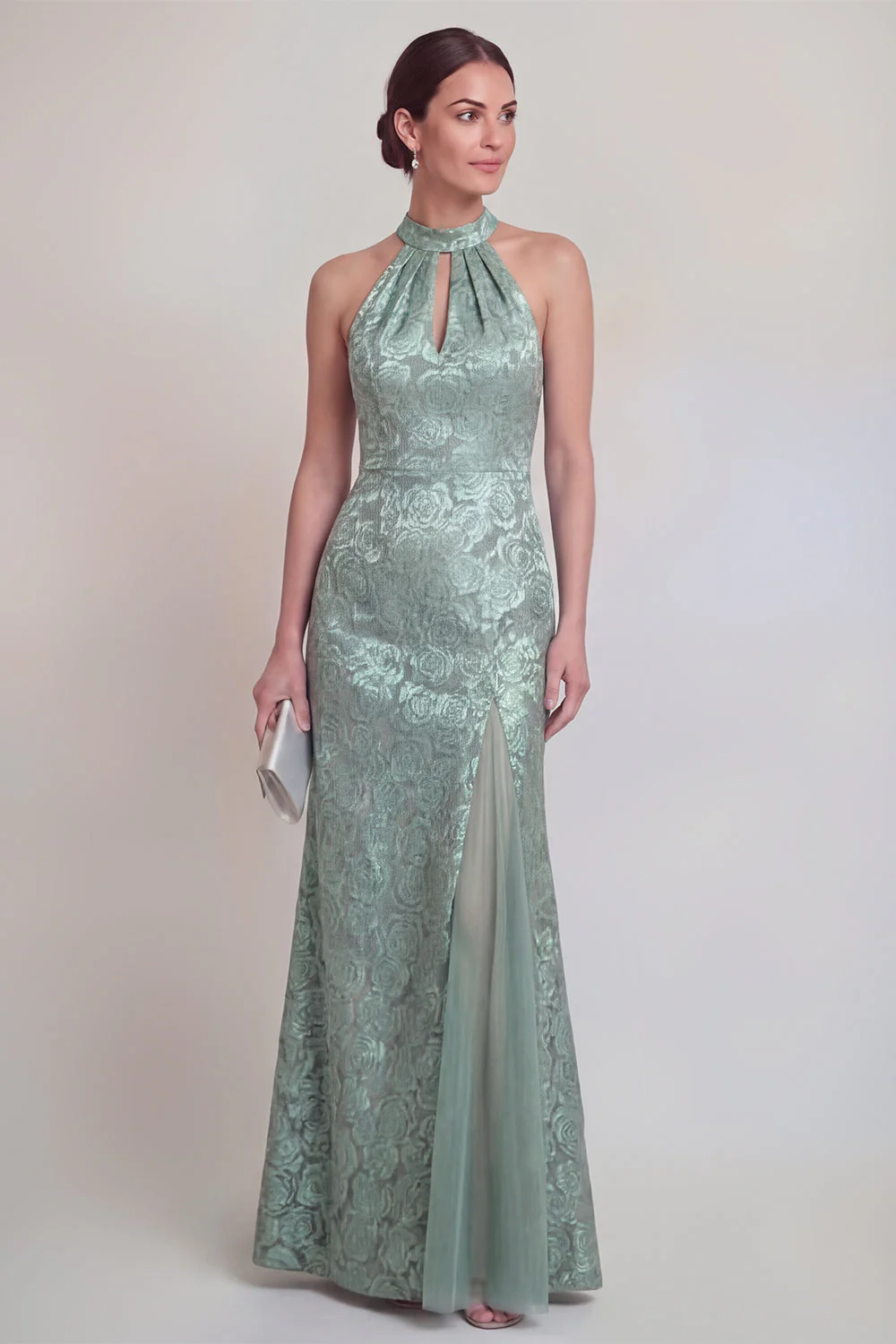 Sage Green Floral Halter Mermaid Long Mother of The Bride Dress with Slit