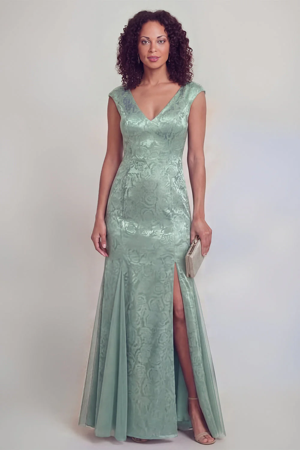 Sage Green Floral V-Neck Mermaid Long Mother of The Bride Dress with Slit