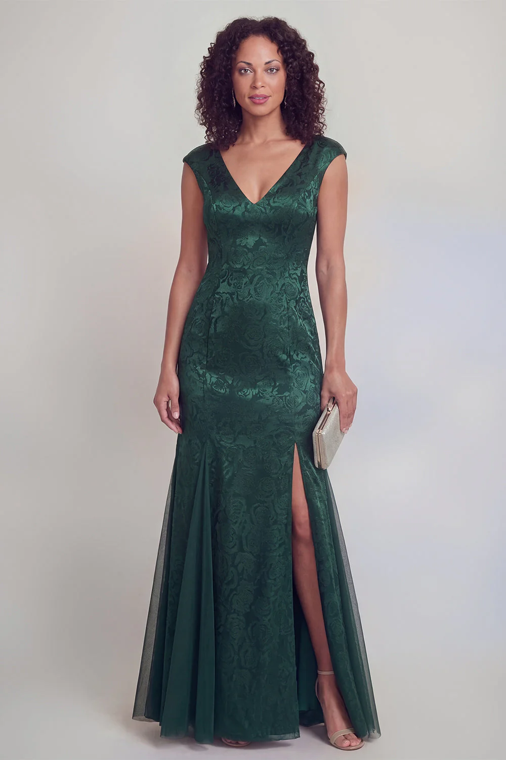 Sage Green Floral V-Neck Mermaid Long Mother of The Bride Dress with Slit - Image 5