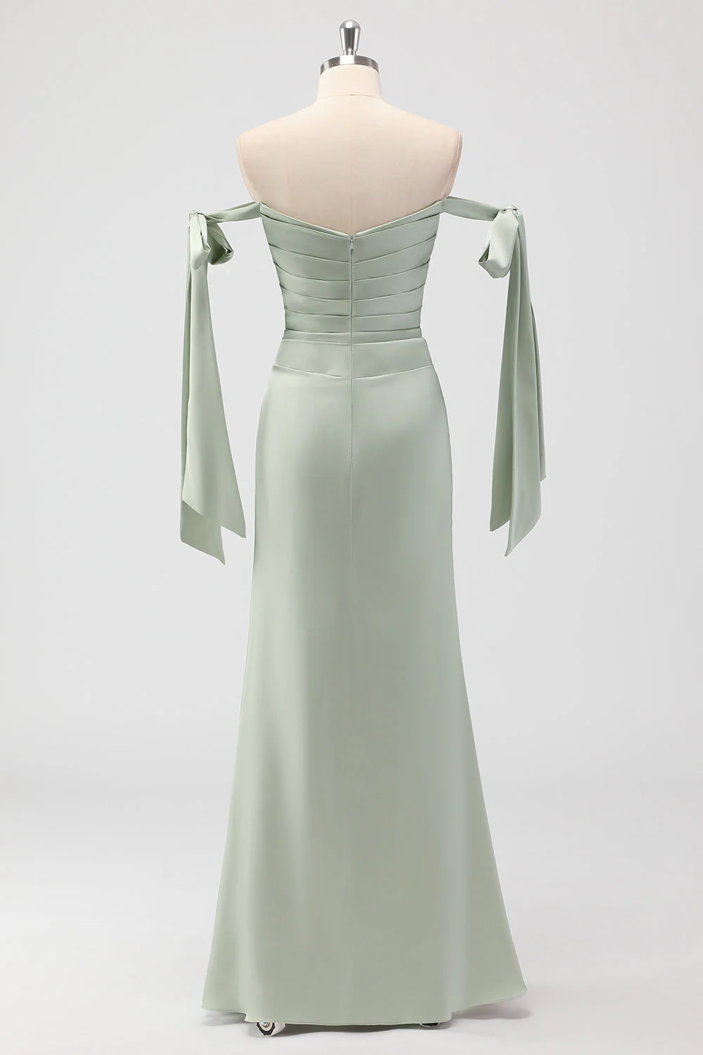 Sage Green Off The Shoulder Mermaid Ruched Long Bridesmaid Dress - Image 2