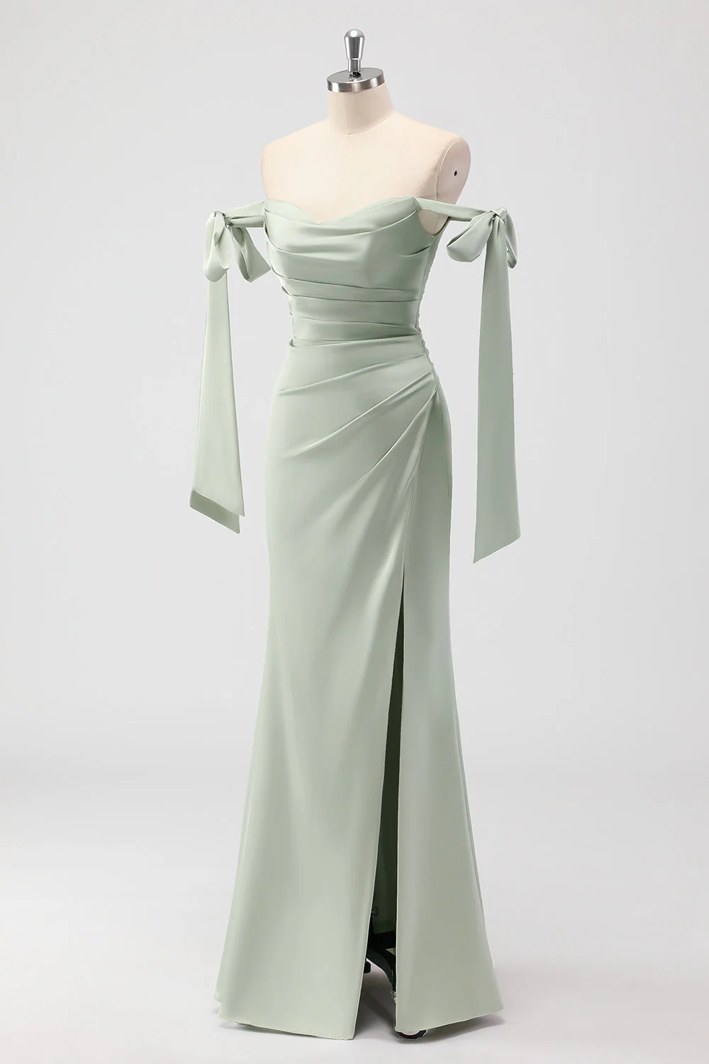 Sage Green Off The Shoulder Mermaid Ruched Long Bridesmaid Dress - Image 3