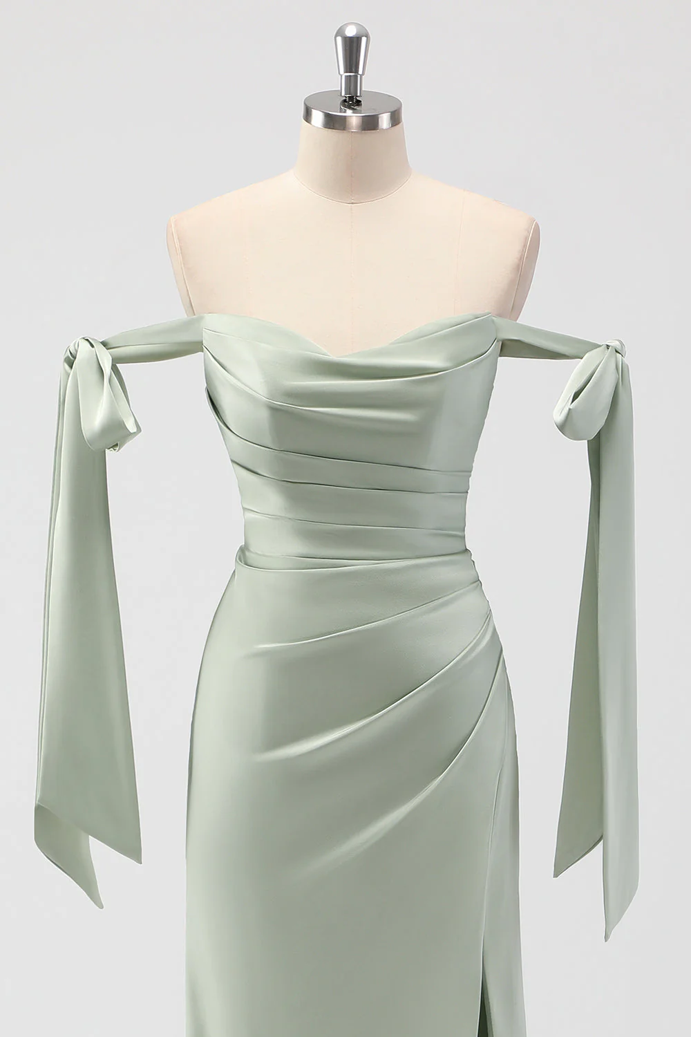 Sage Green Off The Shoulder Mermaid Ruched Long Bridesmaid Dress - Image 4